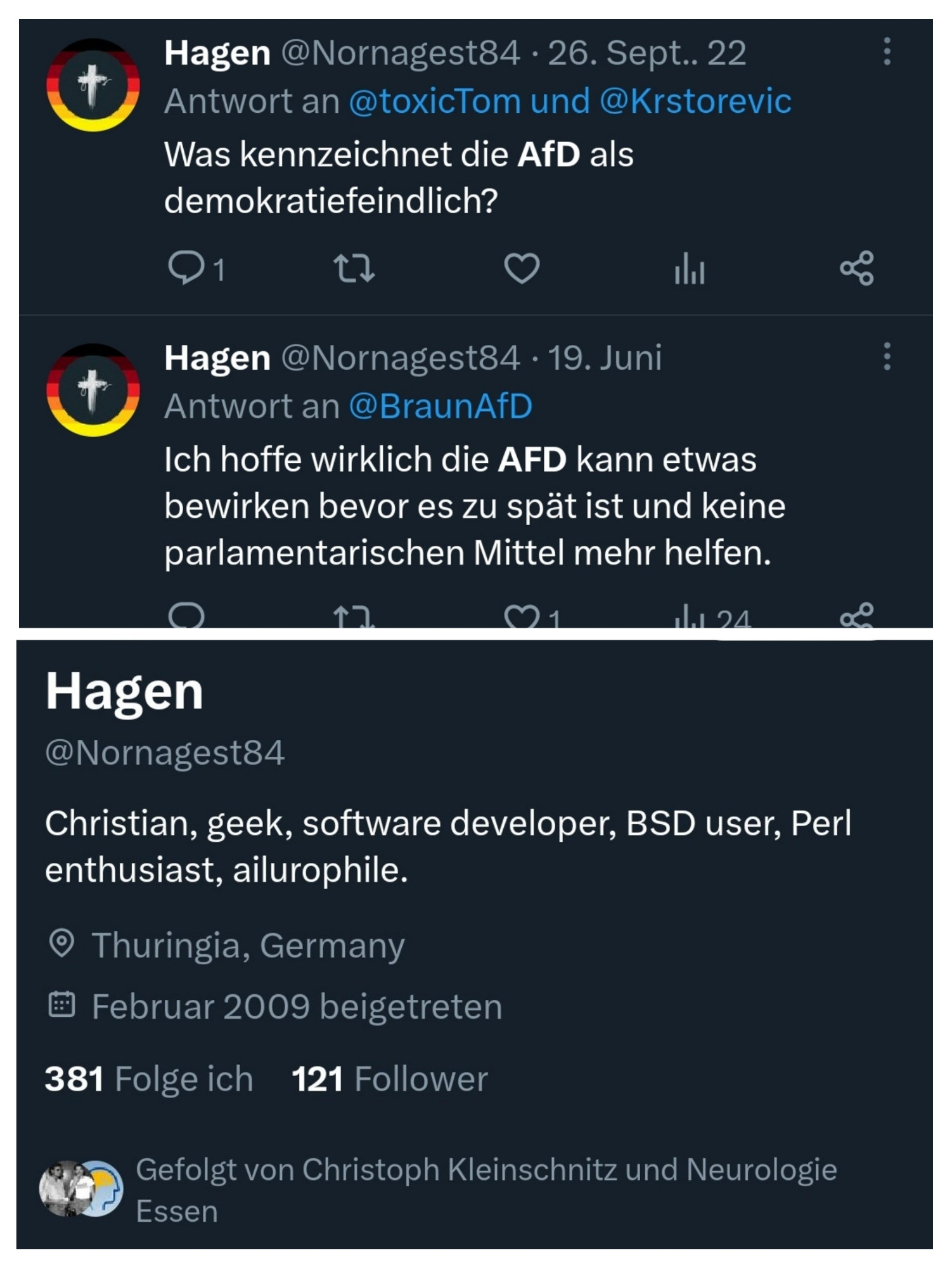 Collage von Screenshots die zeigen, dass die Neurologie Essen und Christoph Kleinschnitz einem weiteren AfD-Fan mit "Stolzmonat" Profilbild auf Twitter gefolgt sind