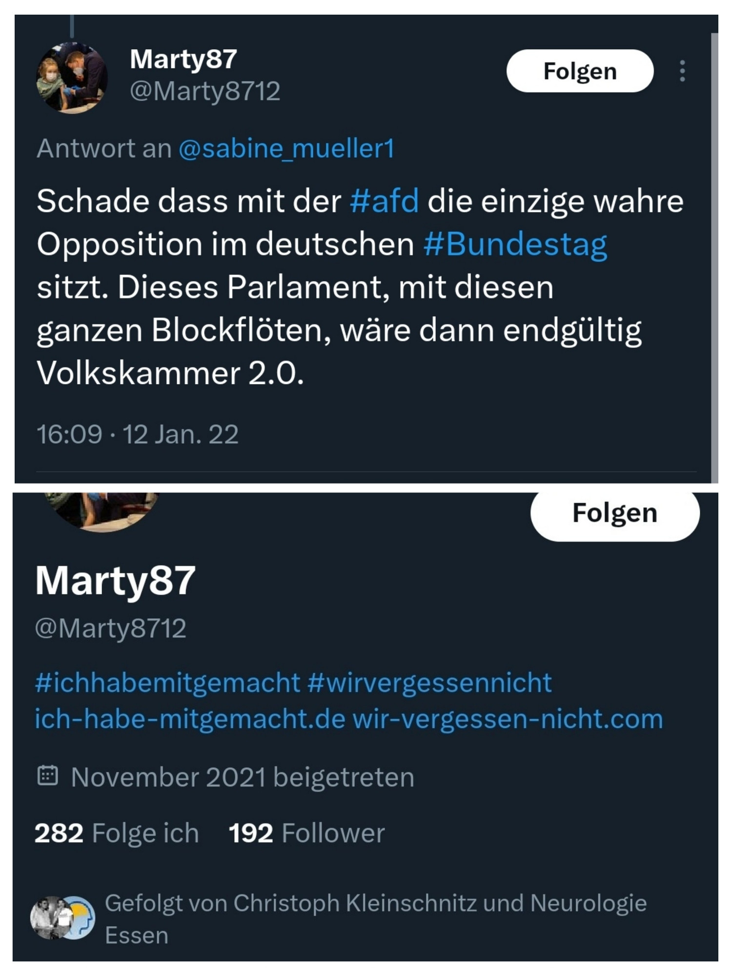 Collage von Screenshots die zeigen, dass die Neurologie Essen und Christoph Kleinschnitz einem weiteren AfD-Fan auf Twitter gefolgt sind