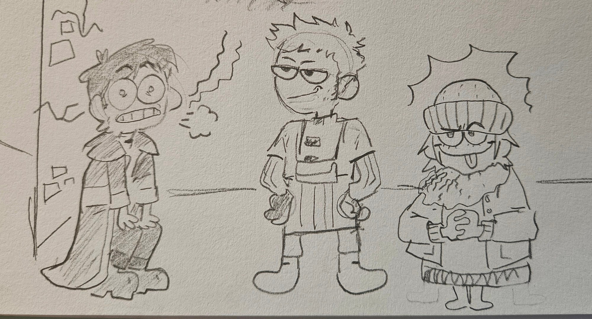 a pencil sketch of a cartoon daniil, artemy and clara from pathologic classic. daniil looks exhausted while clara and artemy stand cockily in front of him with little smirks on their faces.