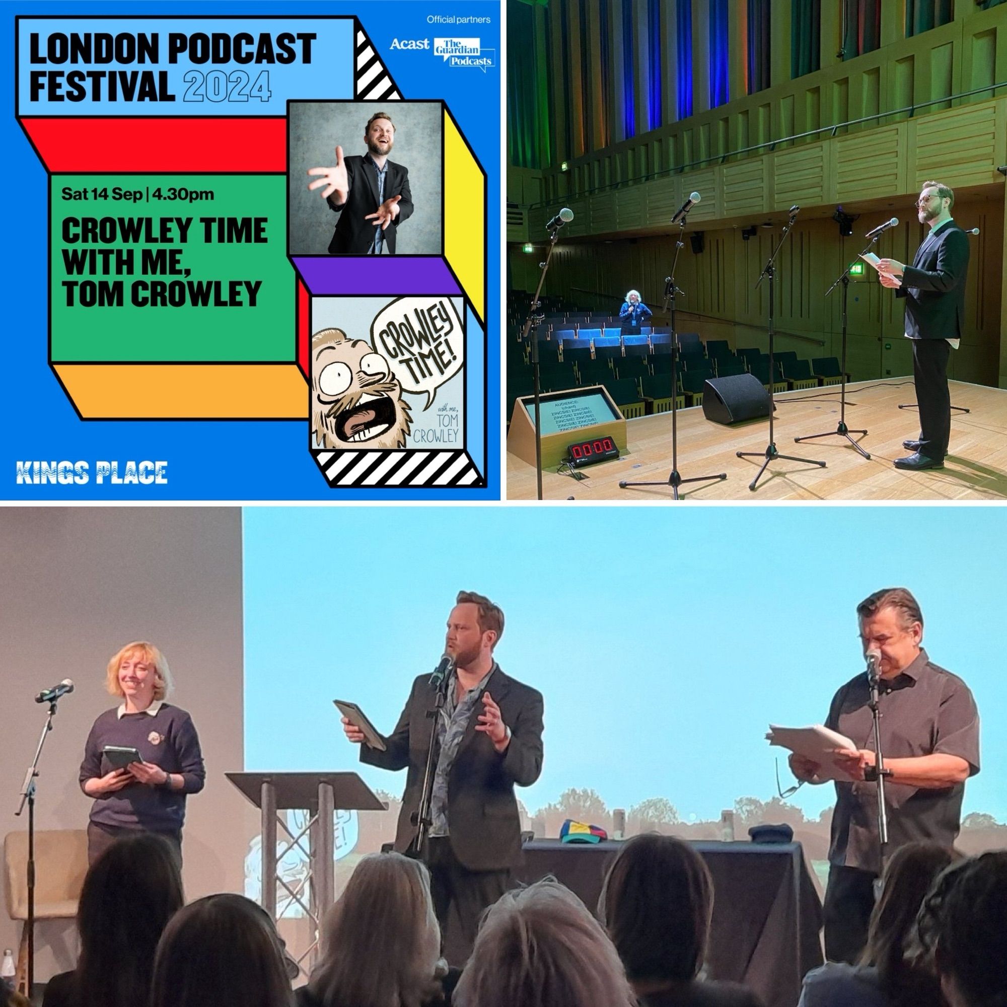 3 images. The colourful promo image for Crowley Time Live at London Podcast Festival in the top left. Gemma’s cameo from the audience in Beef and Dairy Live, top right. And along the bottom an image of Gemma, Tom Crowley and Paul Putner standing at microphones for Crowley Time Live.