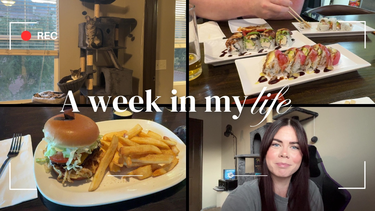 YouTube thumbnail with 4 photos. Photo on the top left is Lily and Mochi in one of their cat trees with a window on the left. Top right is a photo of 3 plates of sushi. Bottom left photo is a plate with a burger and fries from Red Robin, on the left of the plate is a napkin with a fork. Photo on the bottom right is photo of Jess sitting in her SecretLab chair with a cat tree behind her. In the background is a printer with an Elgato key light on it and the box from an Elgato Streamdeck+. There is text over the middle of the thumbnail saying “a week in my life” and lines around the border like a camera recording.