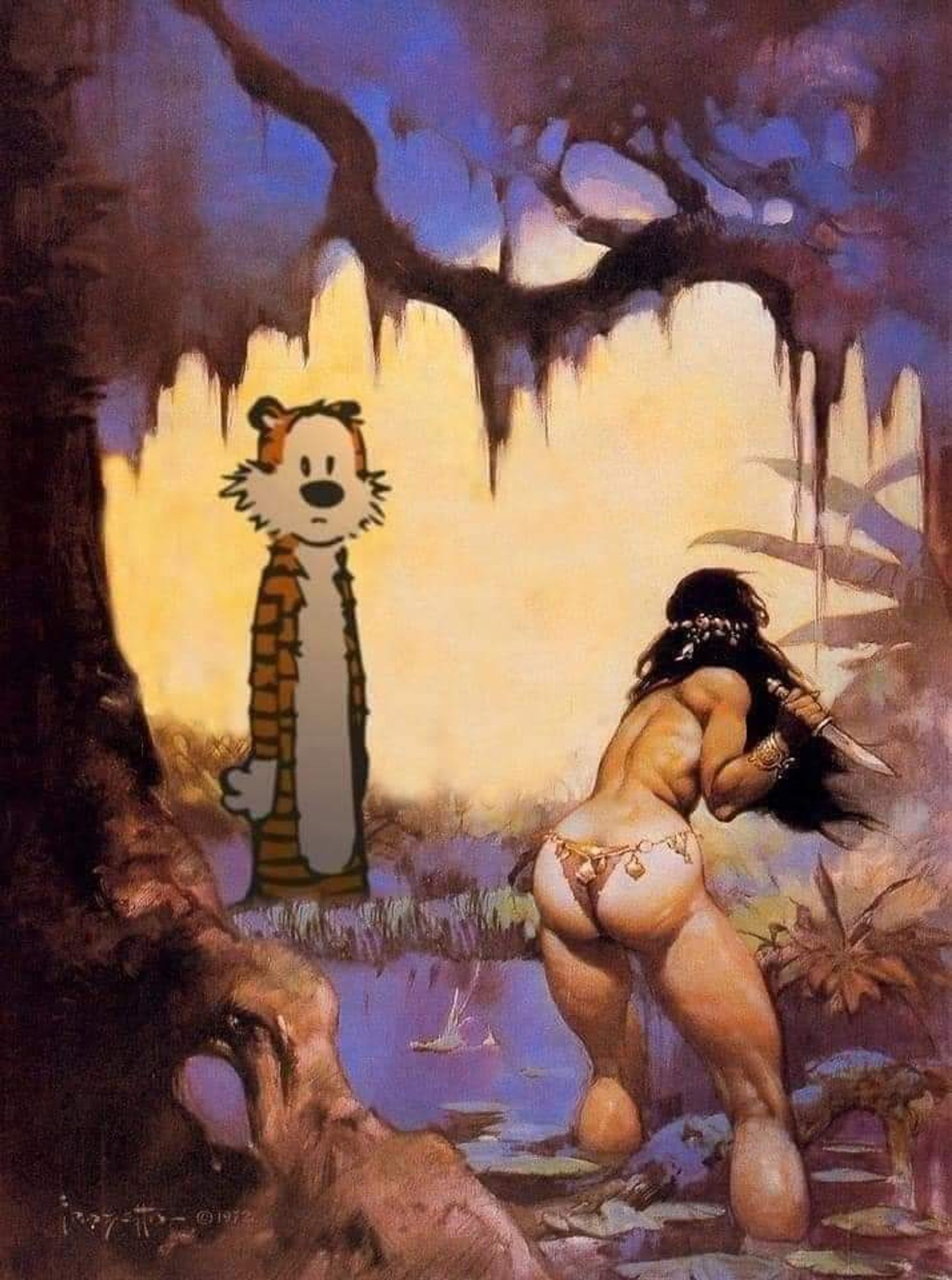 barbarian lady encountering hobbs from calvin and hobbs

the picture is from some famous fantasy artist who's name escapes me at the moment