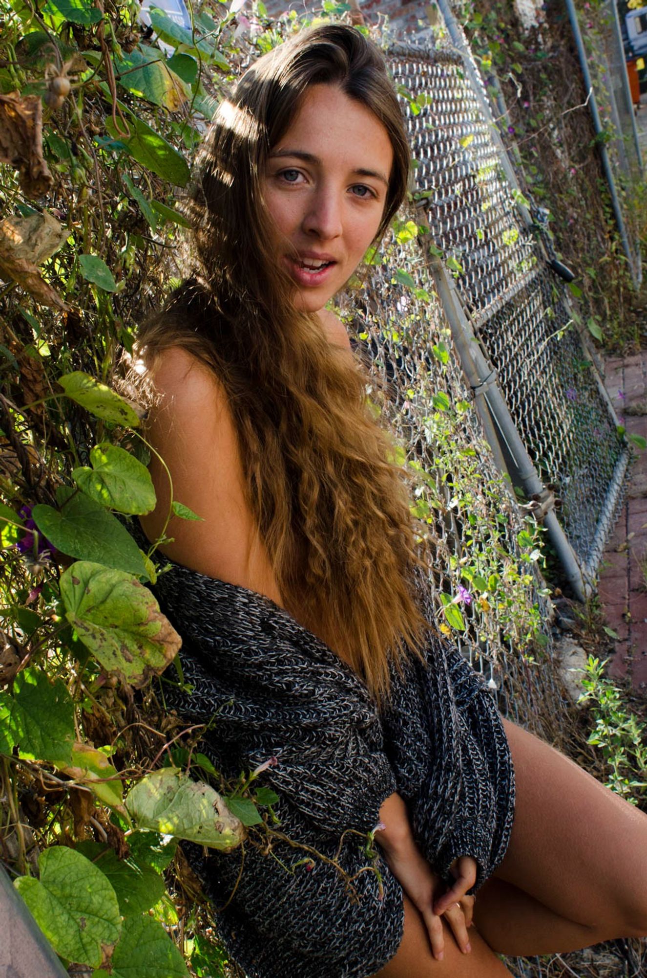 color image of a nude female model leaning against a chain-link fence covered with vines looking at the camera with a heavy sweater pulled over her shoulders while her long brown hair covers her torso