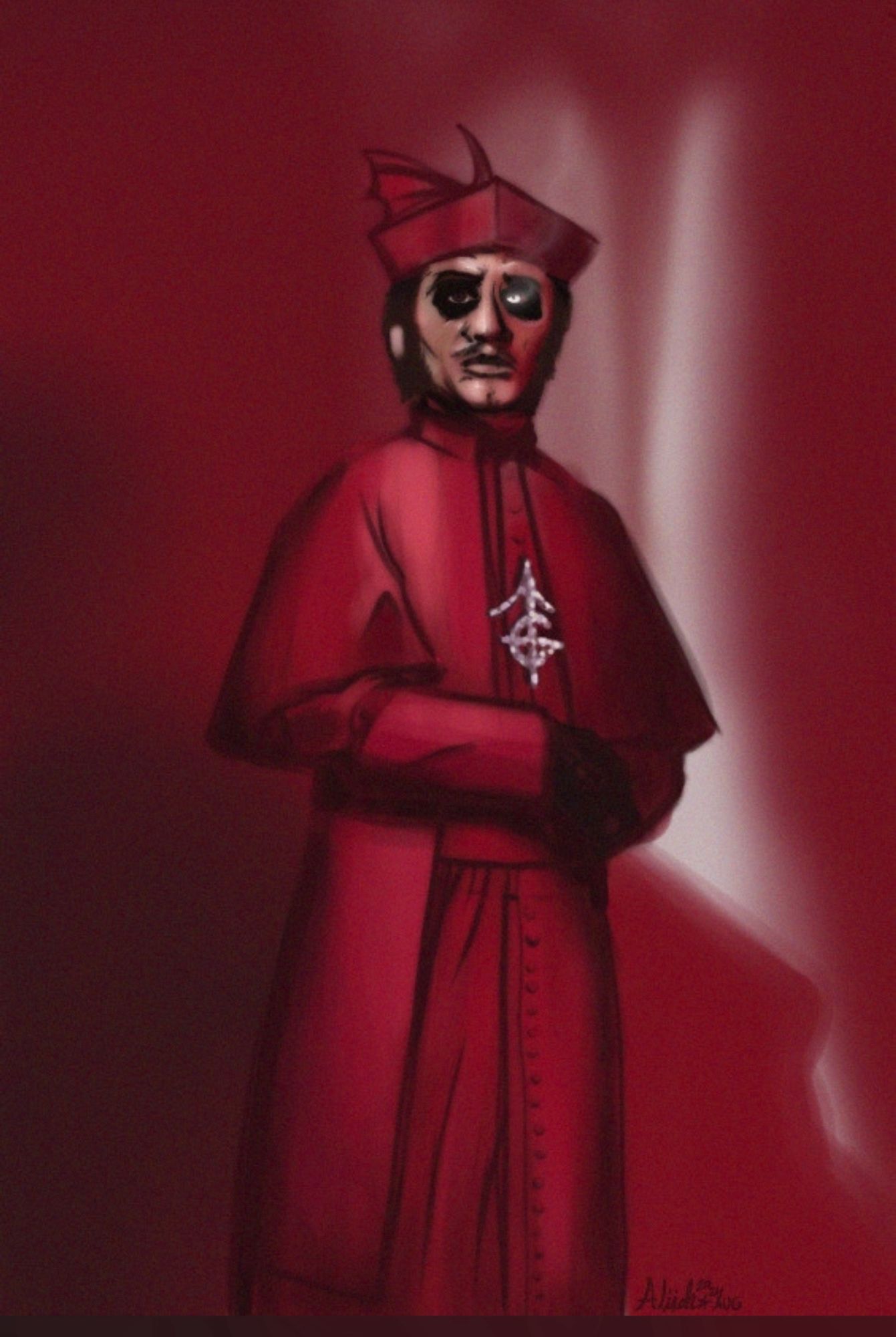 A painting of Cardinal Copia from his era. Red red red all the way. He looks into the camera with his arms folded over another.