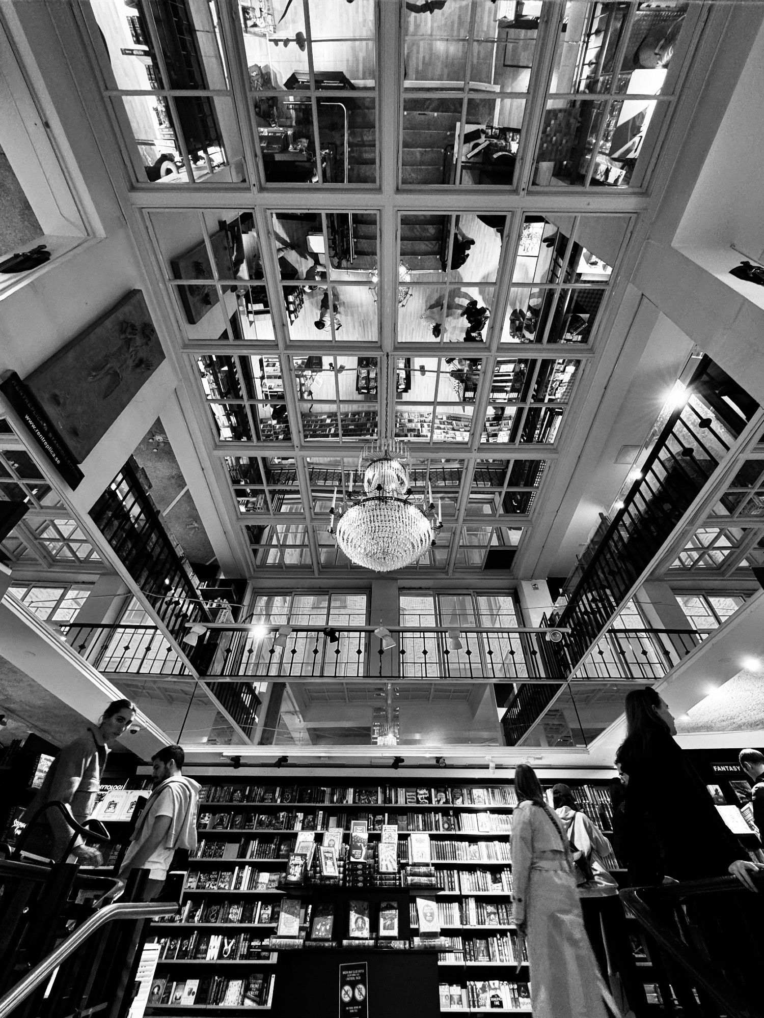 GPT-4o: The image captures the interior of a bookstore with a unique, mirrored ceiling reflecting the space below. Bookshelves line the walls, filled with various titles, while several people are browsing the collection. A grand chandelier hangs from the ceiling, adding a touch of elegance to the scene. The multi-level design of the store is visible, with a balcony and railing on the upper floor. The reflection in the ceiling creates a fascinating, almost surreal duplication of the bookstore’s layout, enhancing the sense of depth and space. The black-and-white aesthetic gives the image a timeless and artistic feel.