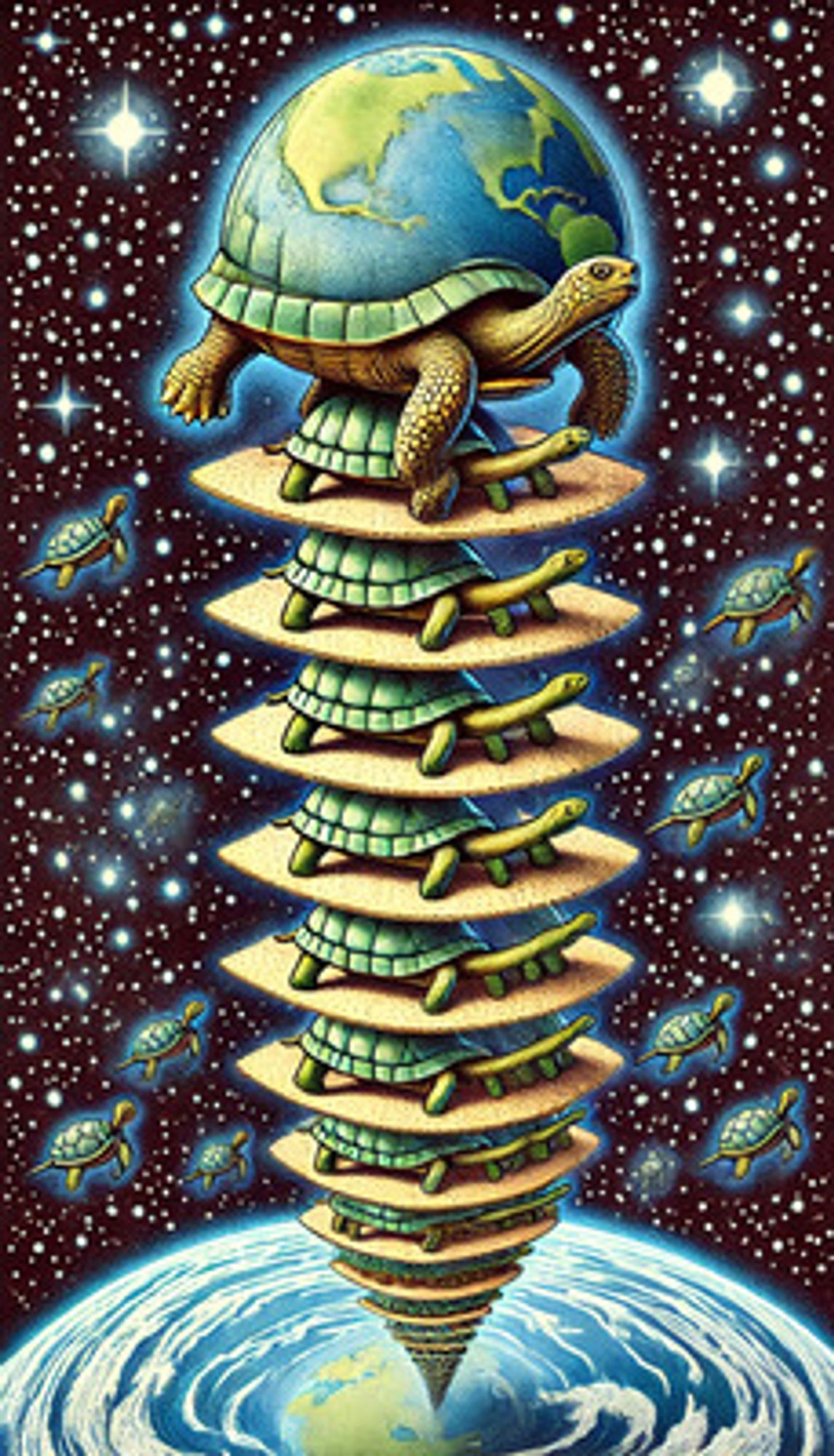 ChatGPT: This colorful illustration depicts a whimsical, fantastical scene inspired by the “turtles all the way down” concept. At the top, a turtle carries the Earth on its back. Below it, a seemingly endless stack of turtles, each balancing on the shell of the one beneath it, extends downward. The background is filled with stars, suggesting a cosmic setting. Additional turtles are floating in the space around the main stack. The vibrant, detailed artwork conveys a sense of infinite regression and playful imagination.