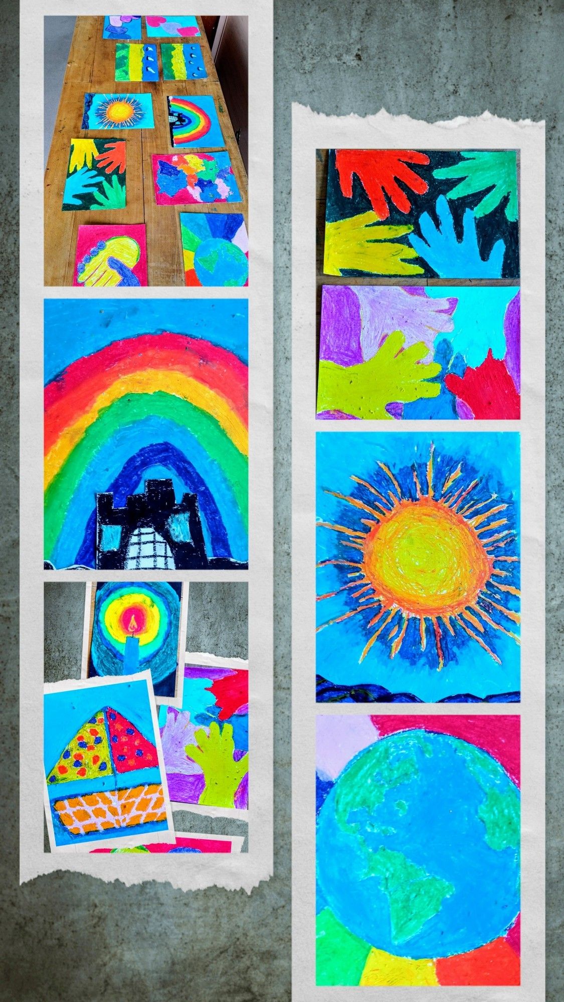 Collage aus sechs Fotos von sehr bunten Bildern. Von Grundschulkindern gestaltet: Ein länger Holztisch voller Bilder. Schwarze Burg, großer Regenbogen, blauer Himmel. Verschiedene Postkartenentwürfe, z.B. ein Segelschiff und eine Kerze. Viele bunte Hände. Eine große Sonne auf blauem Grund. Eine Weltkugel mit Regenbogenhintergrund.