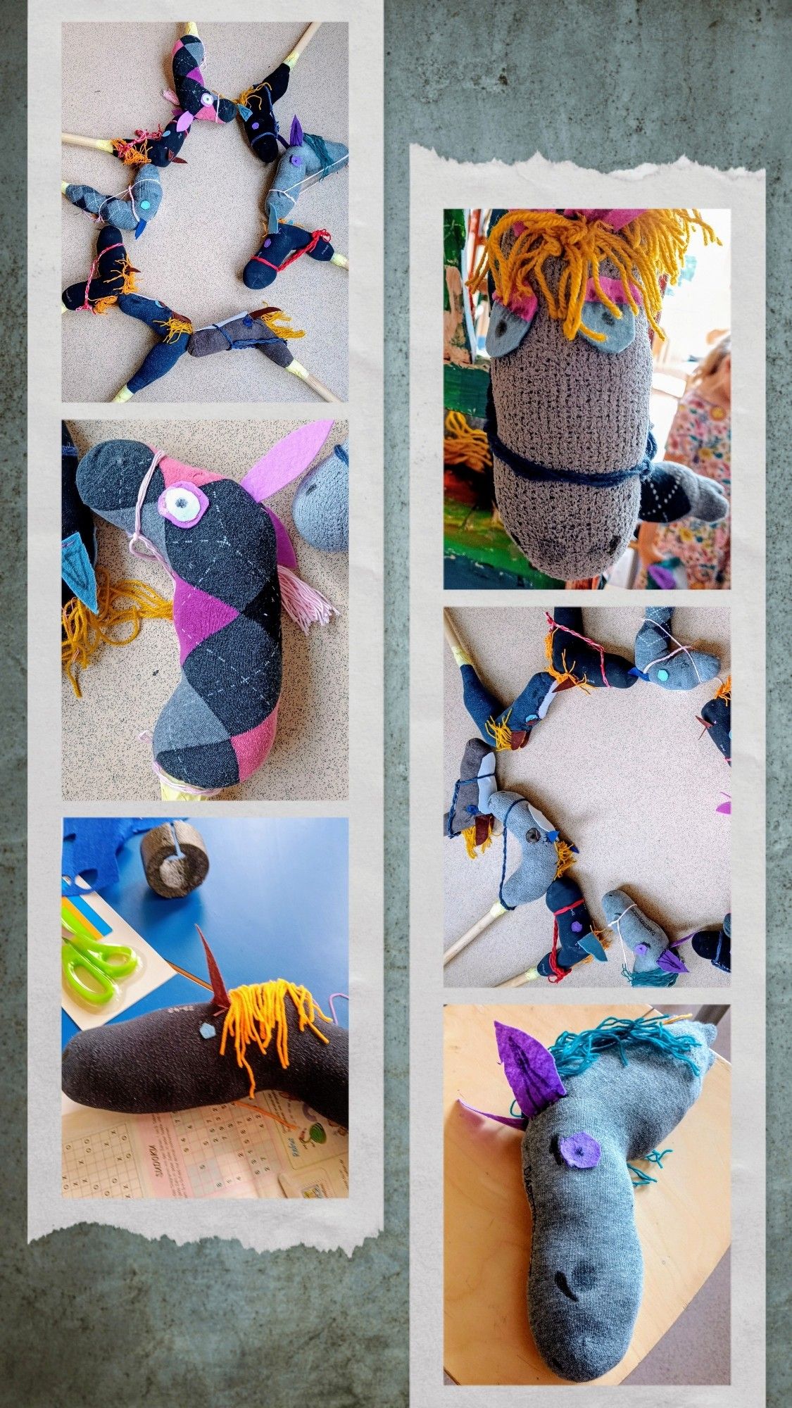 Collage aus sechs Fotos - als Streifen mit je drei Bildern nebeneinander liegend. Von links oben nach rechts unten: Kreis aus 9 Socken-Steckenpferden auf dem Boden liegend - Pferdekopf aus einer grauen Socke mit pinkem Argylemuster - grauer Sockenpferdekopf mit gelber Wollmähne im Entstehungsprozess - graues Sockenpferd mit gelber Mähne und blauen Augen schaut frontal aus dem Bild - noch ein Kreis auf dem Boden liegender Sockenkopf Steckenpferde - Pferdekopf aus grauer Socke mit lila Ohren und Augen