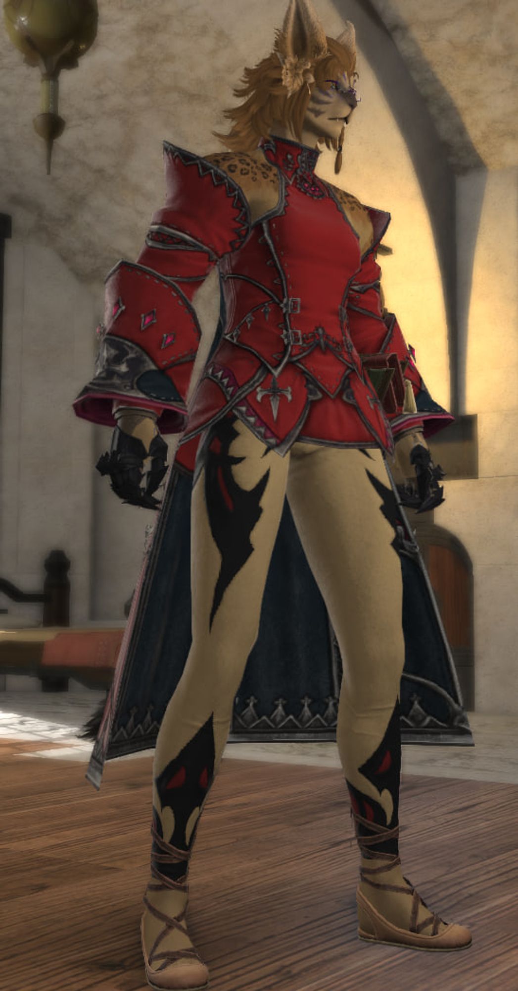 Rafa, a big buff cat lady, stands in a red halfrobe and sandals, with what appear to be black and red markings on her legs, and no underwear. Not quite true, since she's wearing the Darklight breeches of casting, dyed to match her primary fur color.