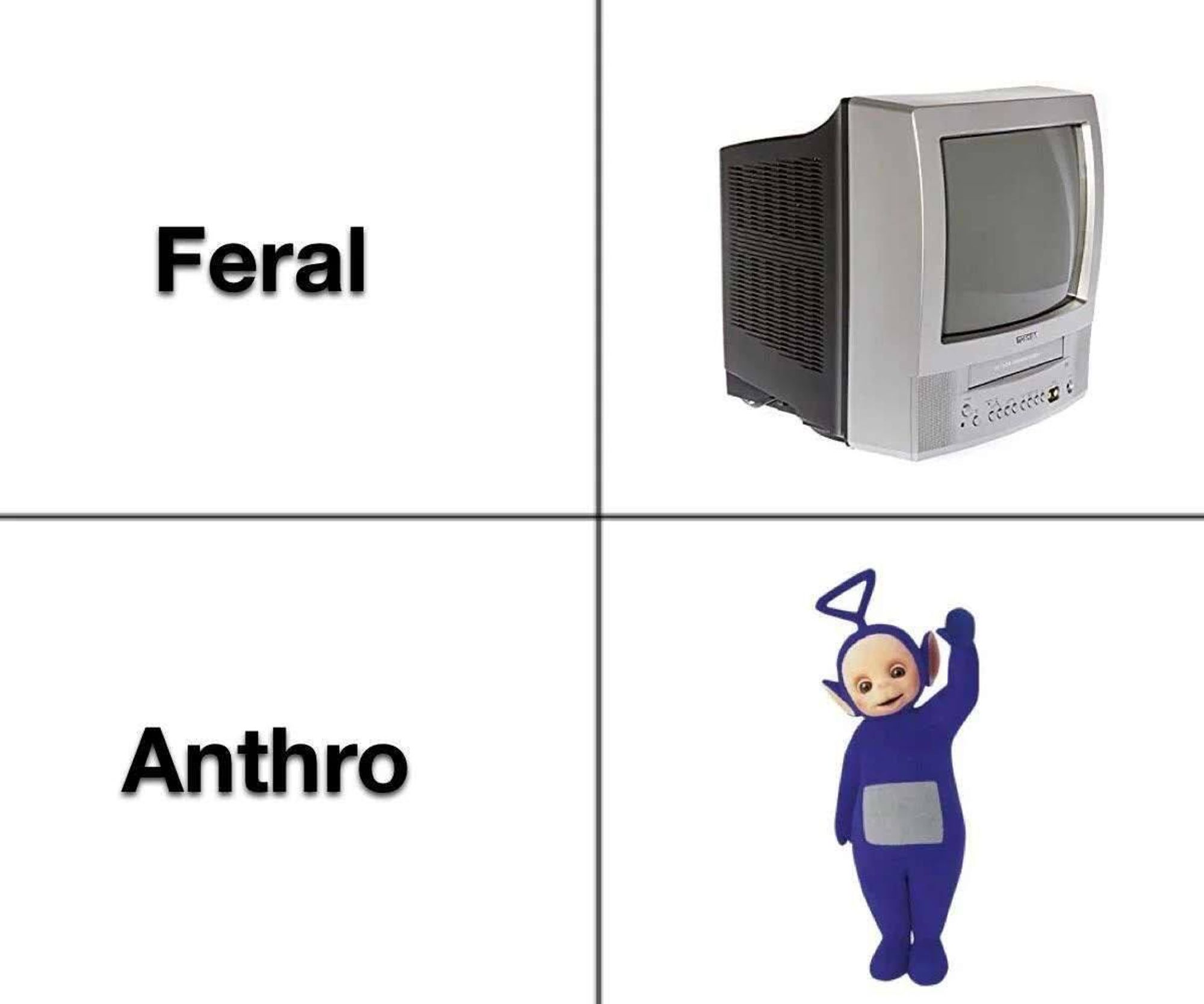 A 4 panel image with "Feral" next to a CRT television and "Anthro" next to a Teletubby