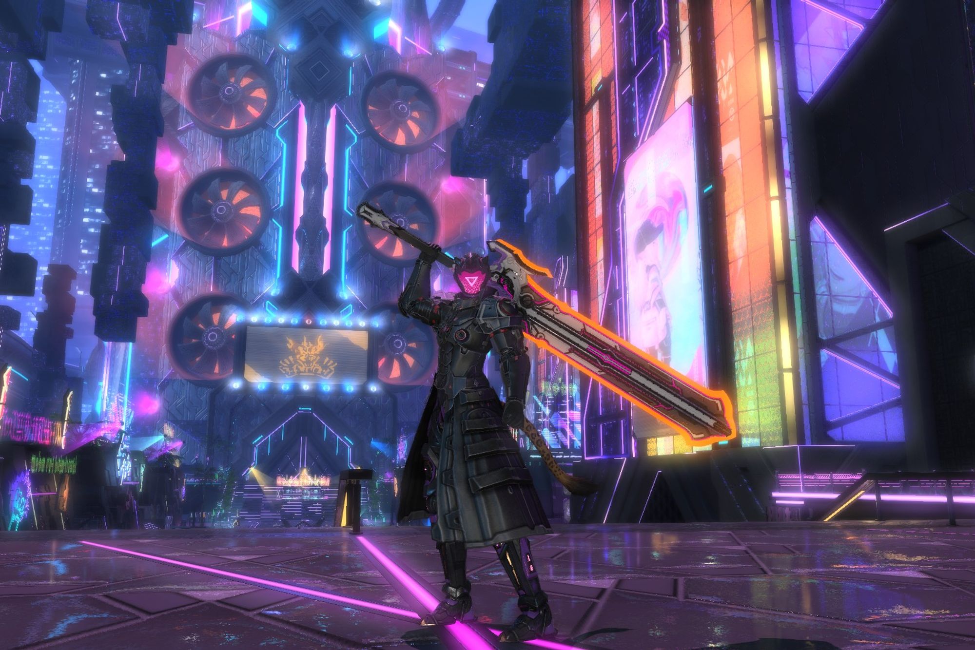 Rafa, a shiny black clad cyber-knight, poses in a cyberpunk city in FFXIV. Vanguard helm/legs/boots, Late Allagan coat of fending, Leonhart gloves, vanguard greatsword. It's all shiny black and purple, and her sword glows with an orange heat on the edges.