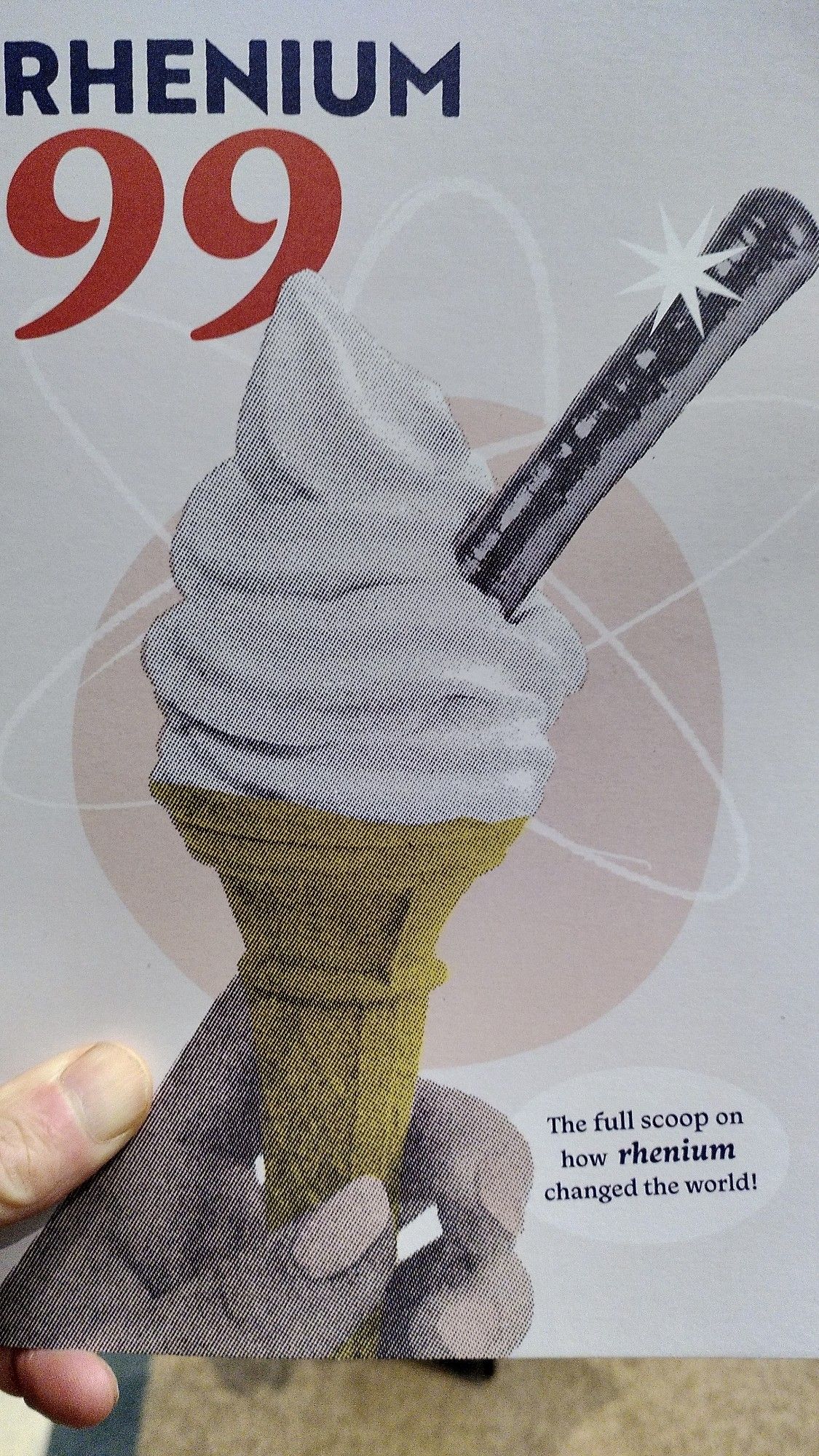 Pic of ice cream cone with stick of metal rhenium in it