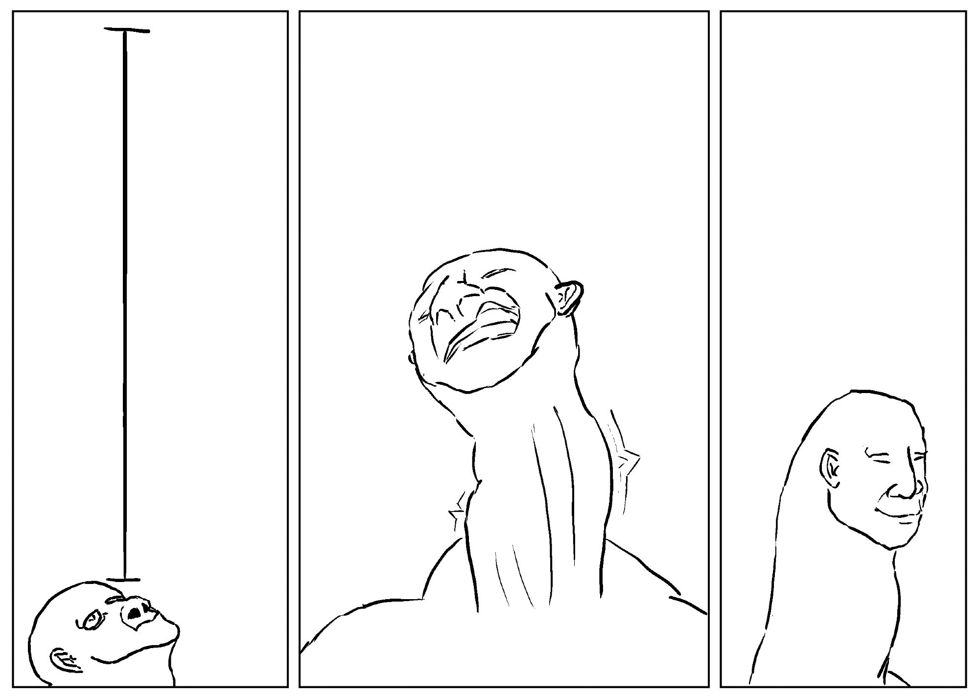 Three panel comic. From left to right; first panel is a man barely above the bottom line staring up, noticing how much white space there is; second panel shows the same man whose neck is rapidly growing; third panel shows the man now happily within the panel (also sporting a long, girthy neck)