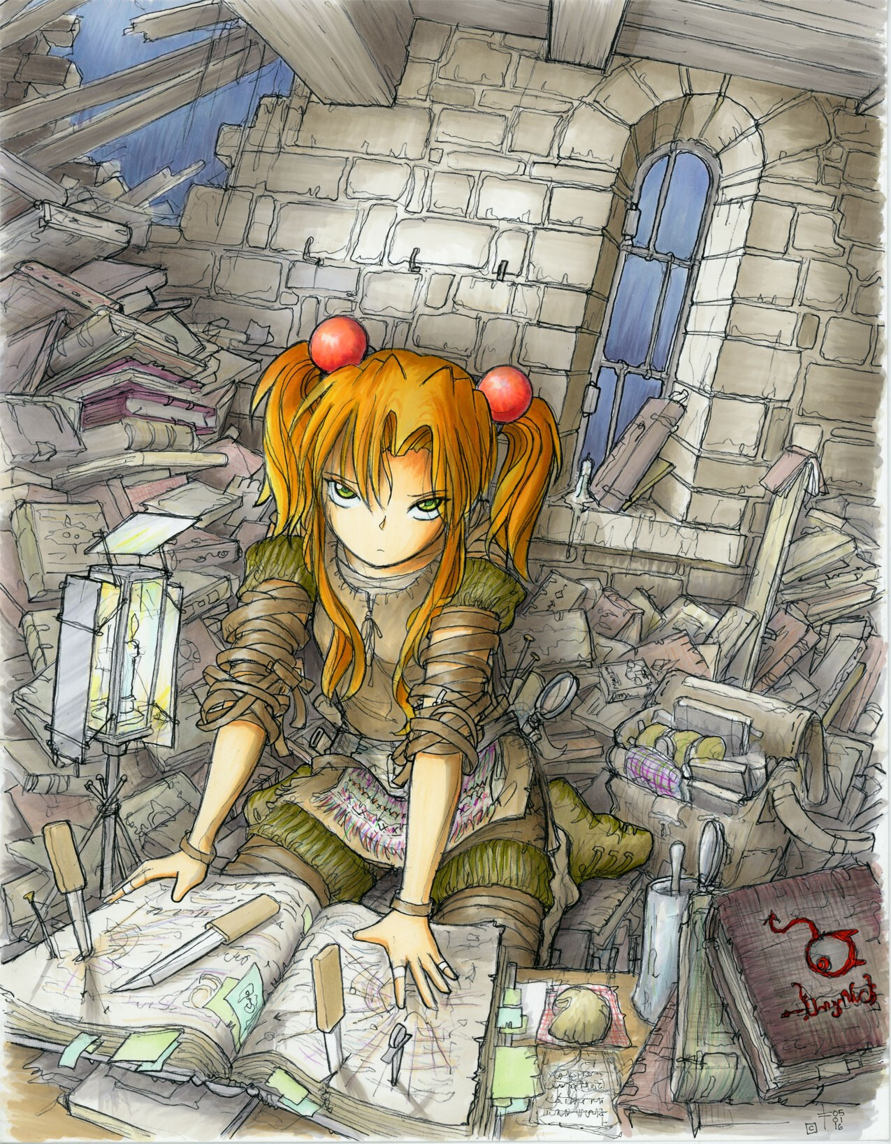 Color artwork for the cover of The Daynish Campaign, a Megatokyo Endgames light novel. Pirogoeth is shown inside a room with stone block walls, a partially collapsed wood beam ceiling, a narrow window, and books piled all over the floor. She has a book open on the wooded desk, pinned in place by daggers.