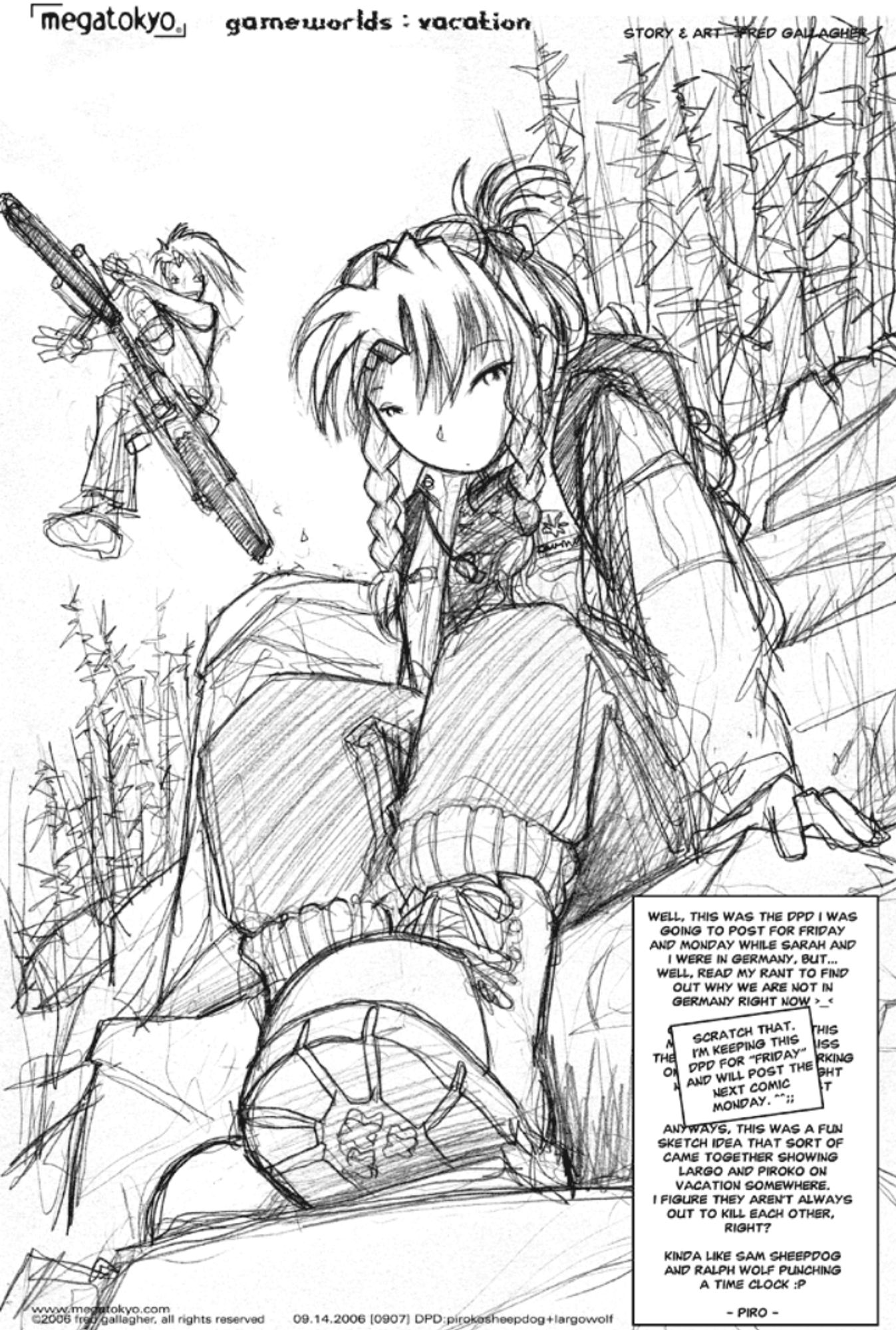 gameworlds : vacation
Artwork of Pirogoeth wearing boots and a backpack sitting on the side of a steep hill with trees on top while Largo jumps off the top with his mountain bike.