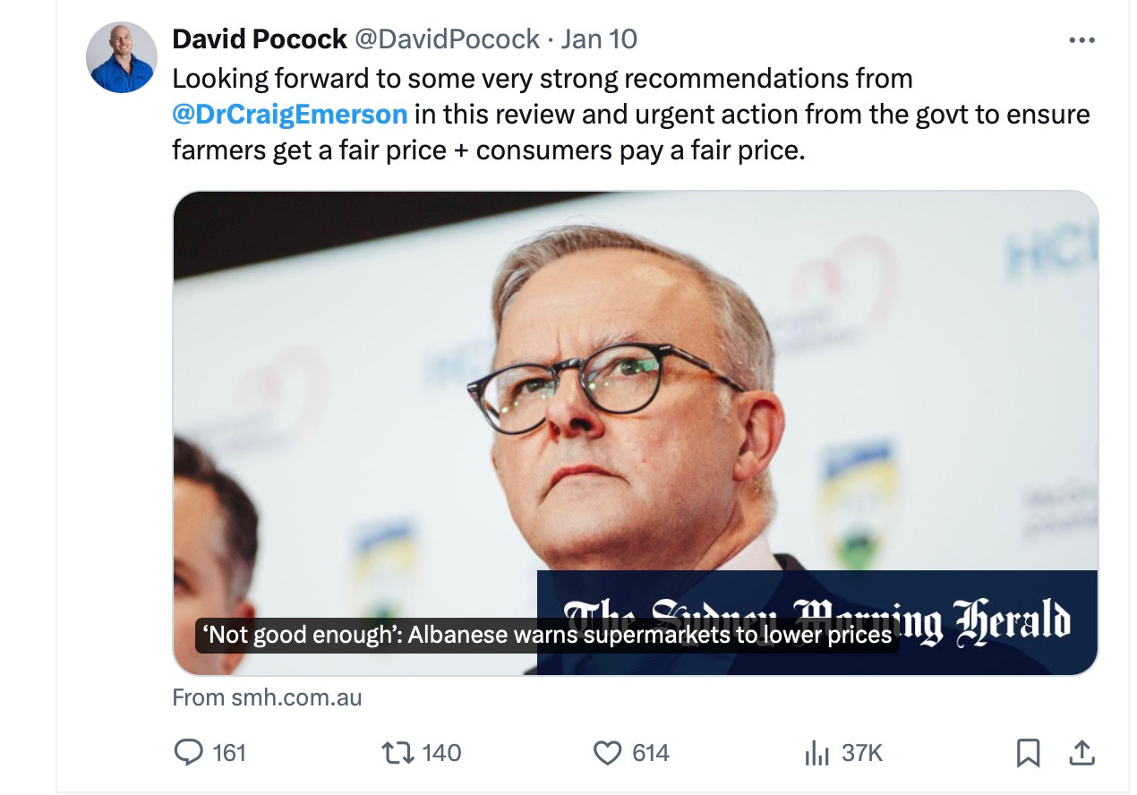 Looking forward to some very strong recommendations from @DrCraigEmerson in this review and urgent action from the govt to ensure farmers get a fair price + consumers pay a fair price.