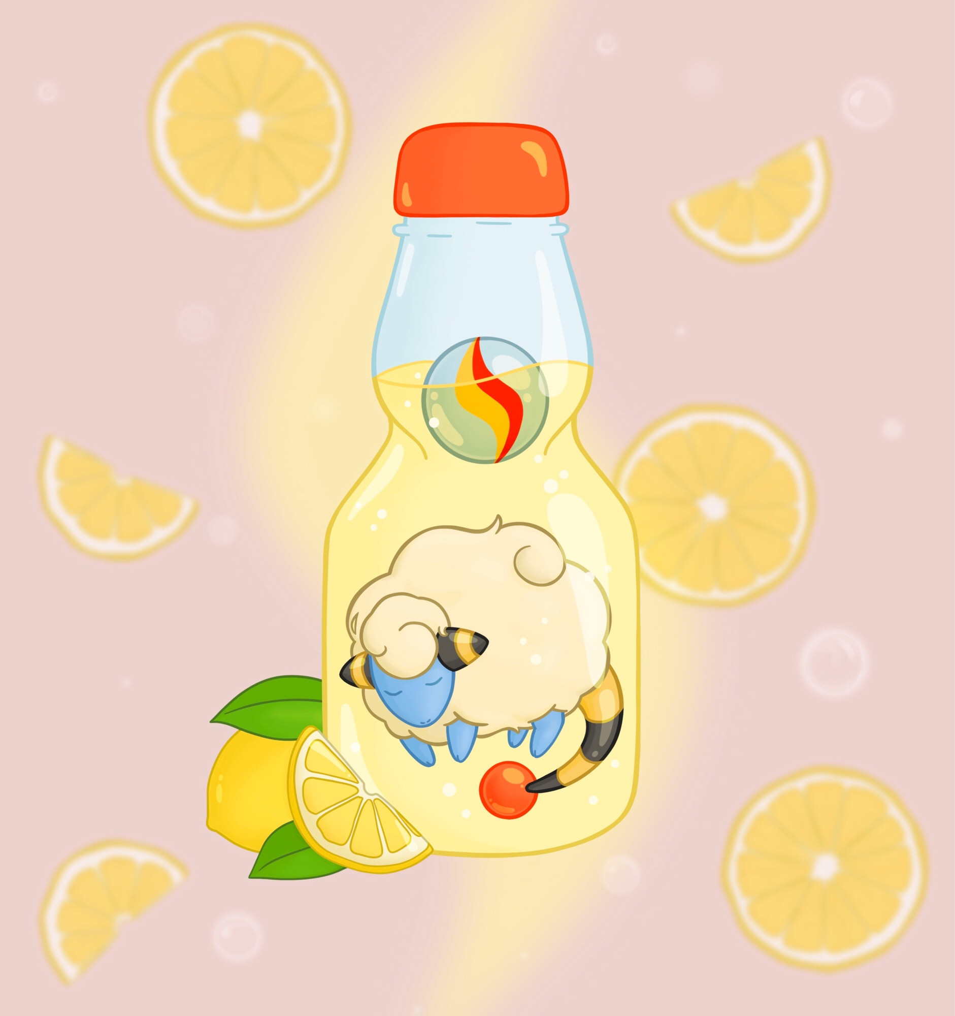 Digital illustration of the Pokemon mareep sleeping in a ramune marble soda bottle. The marble is ampharosite and there’s a lemonade theme.