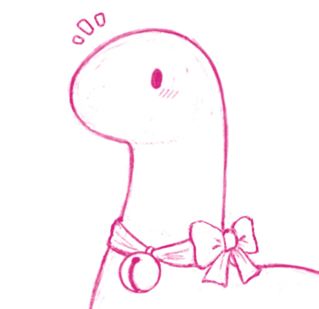 A pink sketch of a long necked dinosaur, very simplified and round, with a bow, with a bell on it, round it’s neck. It’s blushing.