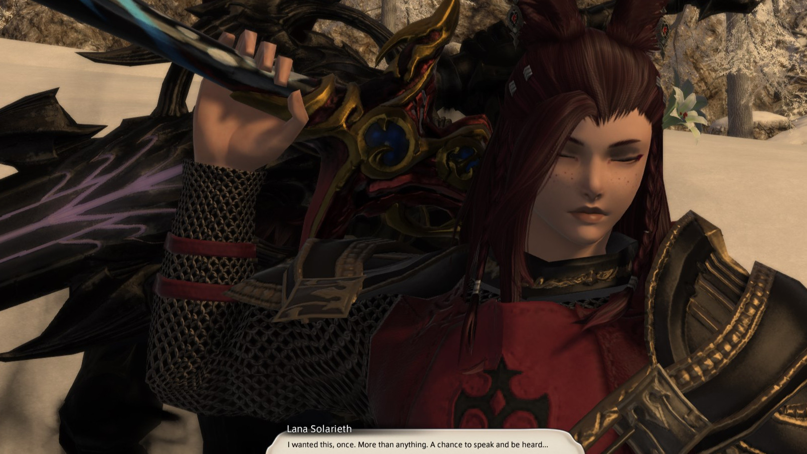 Screenshot from FFXIV of a viera holding a greatsword behind their head. Text reads: "I wanted this, once. More than anything. A chance to speak and be heard..."