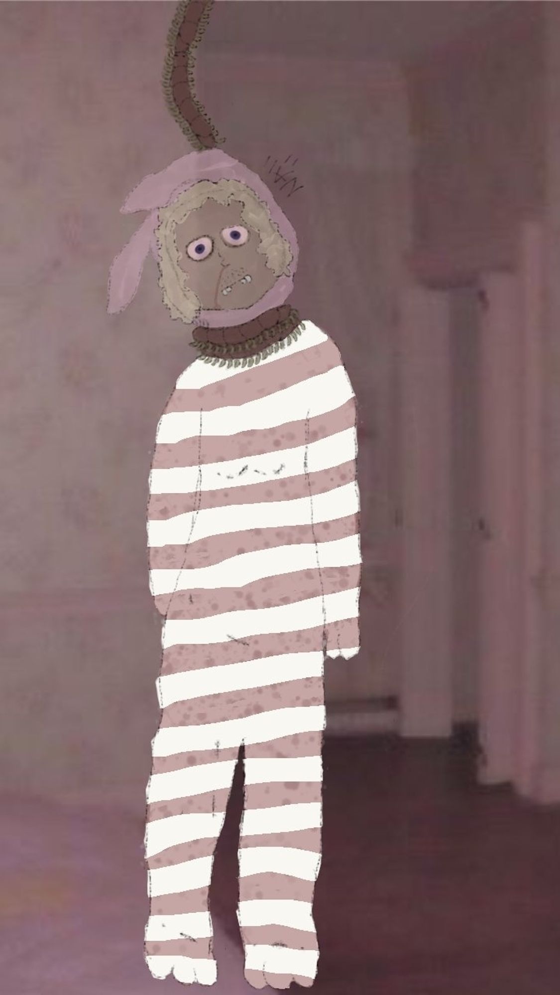 um desenho do popee se enforcando usando lacraias como corda
seu nariz esta sangrando e seus olhos estao com cores de morto e a pele do rosto esta mais roxa