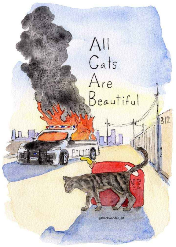 painting of a cat in front of a burning police car that says "All Cats Are Beautiful"