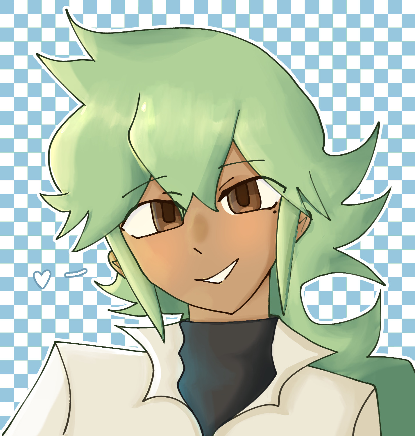 A drawing of Natural Harmonia Gropius (N) smiling in his Pokemon Black and White beta design