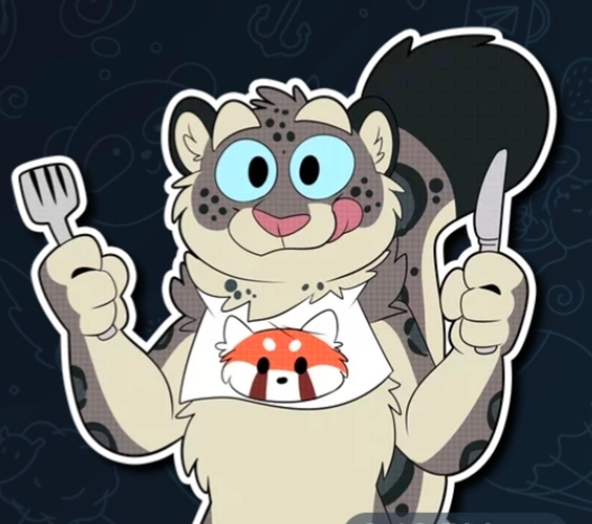 Image of NaL sticker of a snow leopard holding a fork and knife, and wearing a bib with an image of a red panda