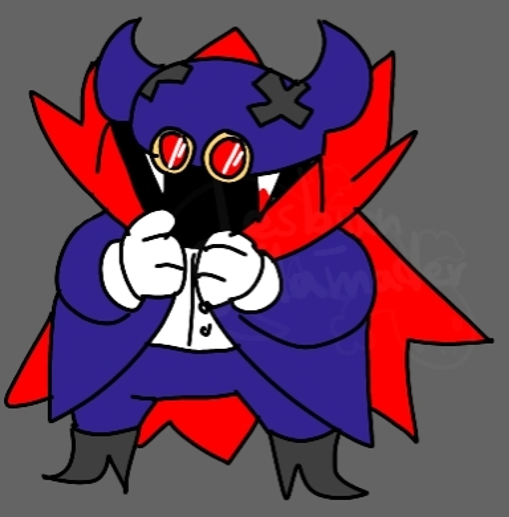 An altered Lord Crump with a red spiky cloak & collar, dark purple suit, white undershirt, & black heels. His mask has two fangs underneath & two black X marks on the top.