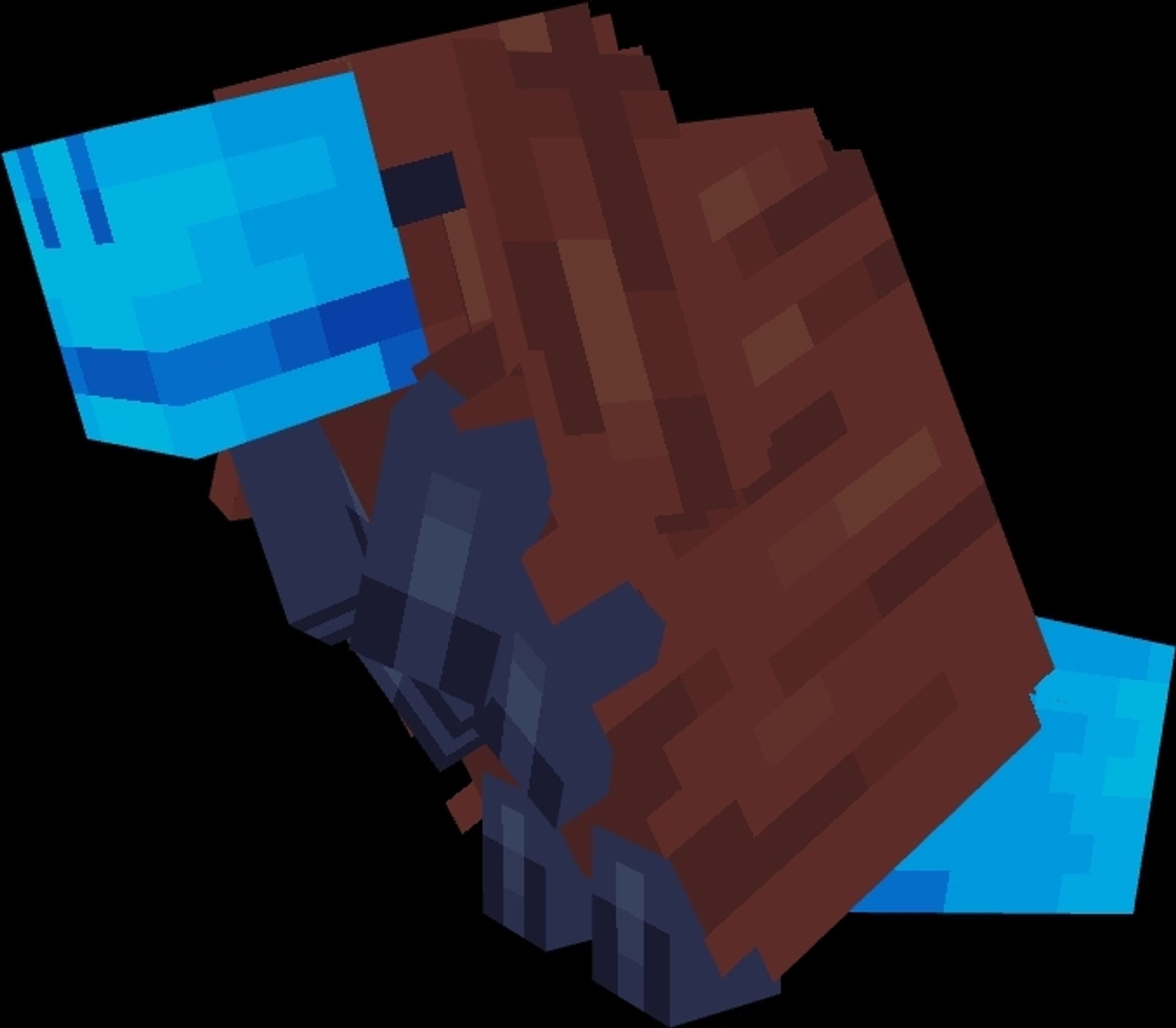 A 3d model of a sniffer from Minecraft standing on it's hind legs. It has a blue nose & large blue tail with brown fur & black legs