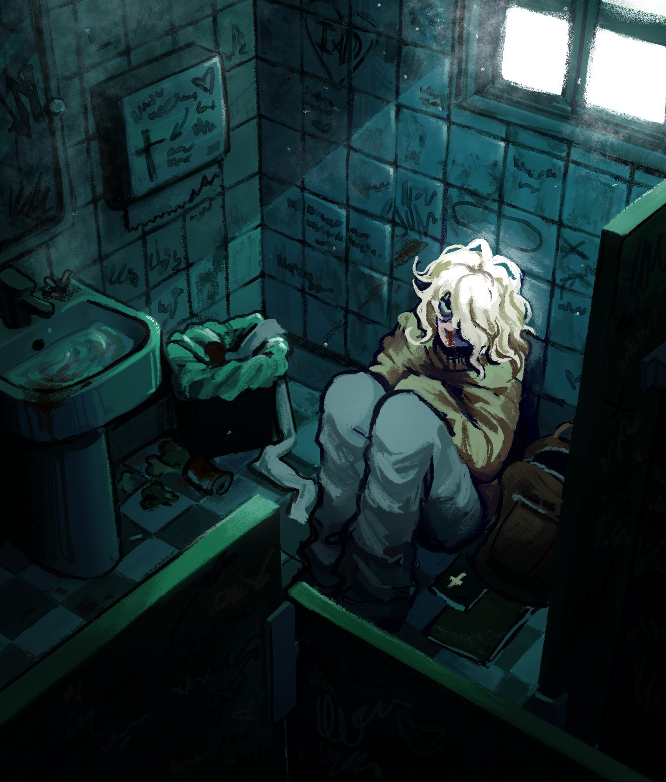 Top view horror art of a teenage boy with a nosebleed in a school bathroom. He's sitting on the tiled floor against a tiled wall, which is dirty and covered in various  marker graffiti. One graffiti located over him resembles a halo and bright window light shines on him. He has his school bag open next to him and some books taken out, including a pocket bible. The drawing is majorly in teal-green colors.