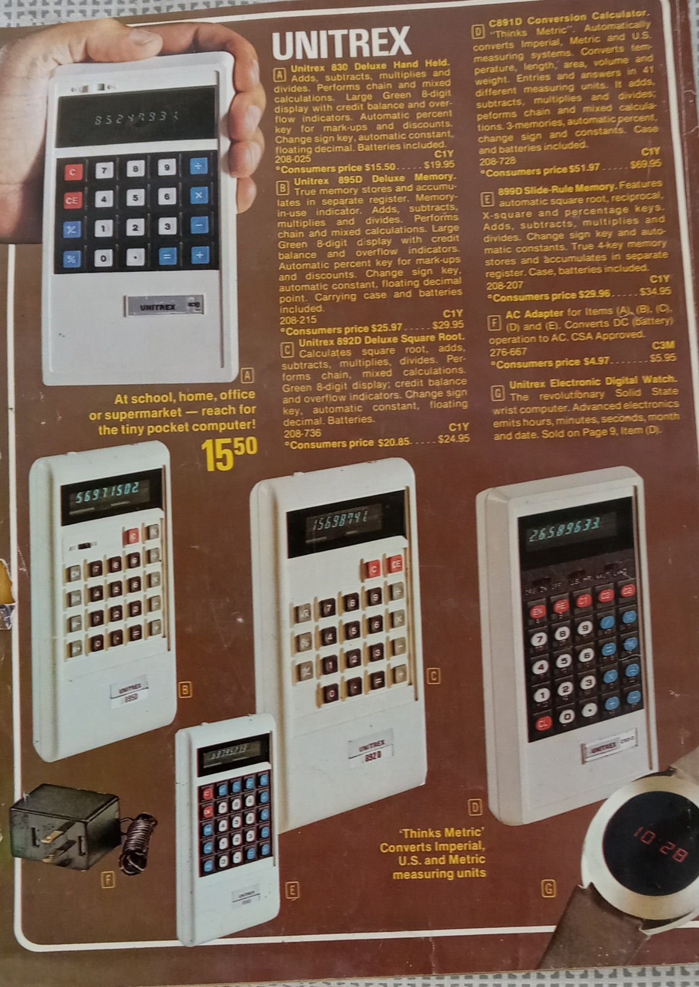 Calculators, from $15.50, on catalog page. Also, a red number digital watch at bottom right.