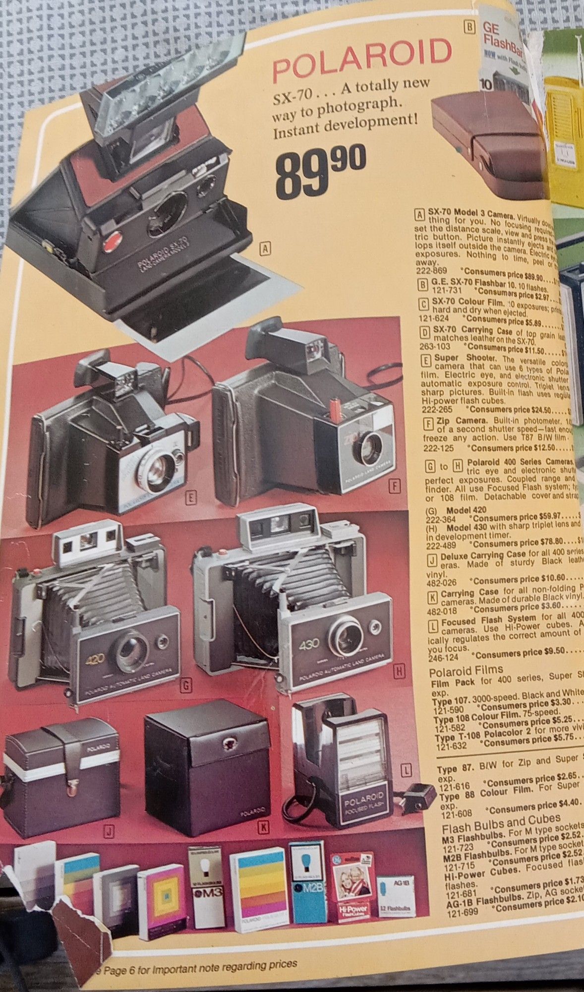 Catalog page with old Polaroid cameras, $89.90 for top one.