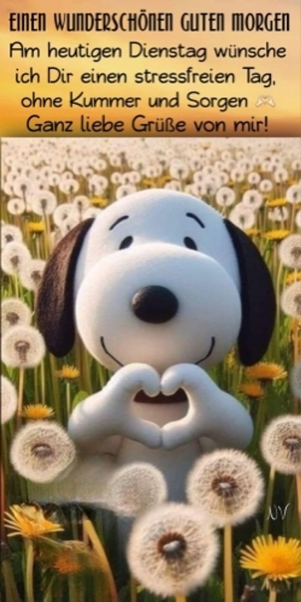 Das Bild zeigt den bekannten Comic-Hund Snoopy in einem Feld voller gelber Löwenzahnblüten. Snoopy ist mit seinen Vorderpfoten vor seinem Körper und formt mit ihnen ein Herz. Er hat einen lächelnden Gesichtsausdruck und wirkt sehr zufrieden. Im Hintergrund sind viele weitere Löwenzahnblüten zu sehen, einige davon sind bereits aufgeblüht und zeigen ihre weißen Samenstände. Das Bild vermittelt eine fröhliche und entspannte Atmosphäre.