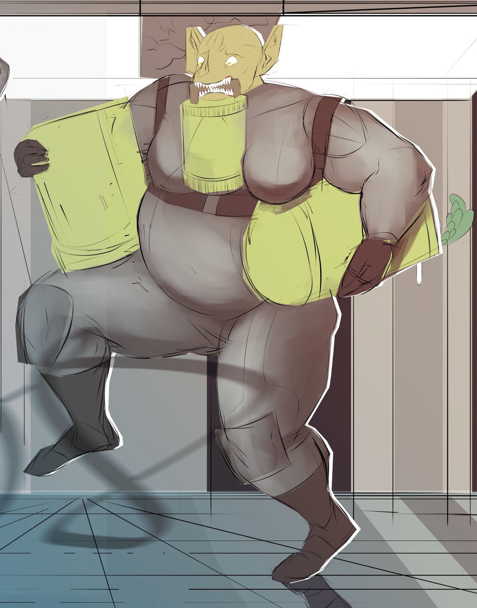 a large, fat monster woman who looks like a hairless badger in a skin tight catsuit an boots struggles to hold 3 large green vats.