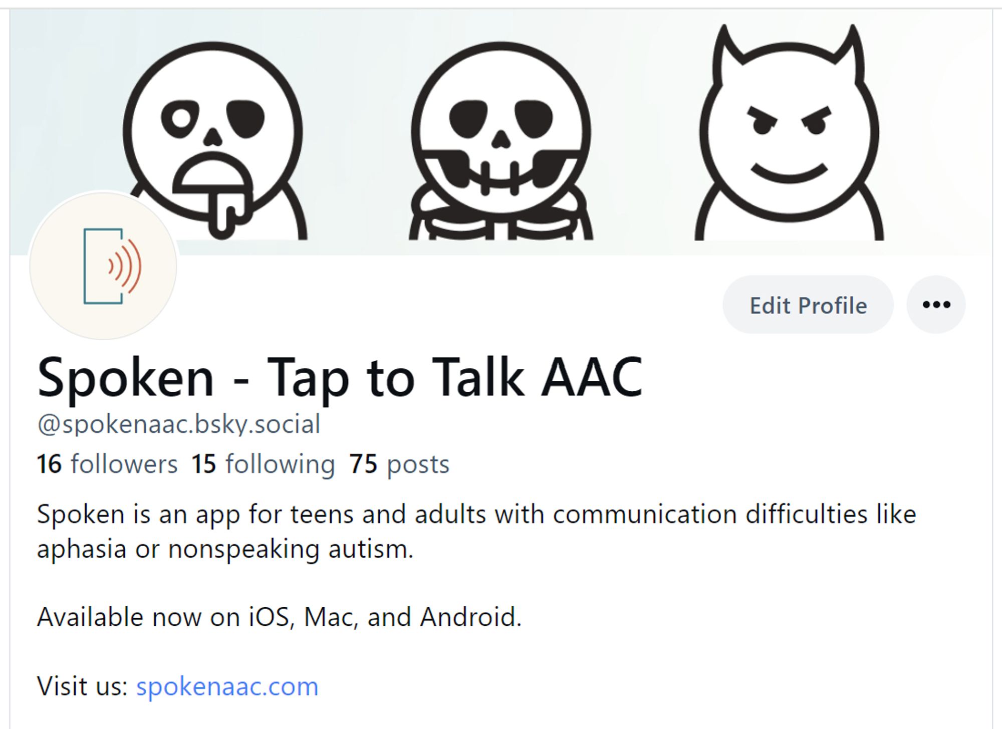 Banner on our profile page featuring three symbols from Spoken - Tap to Talk AAC. The zombie, skeleton, and devil.