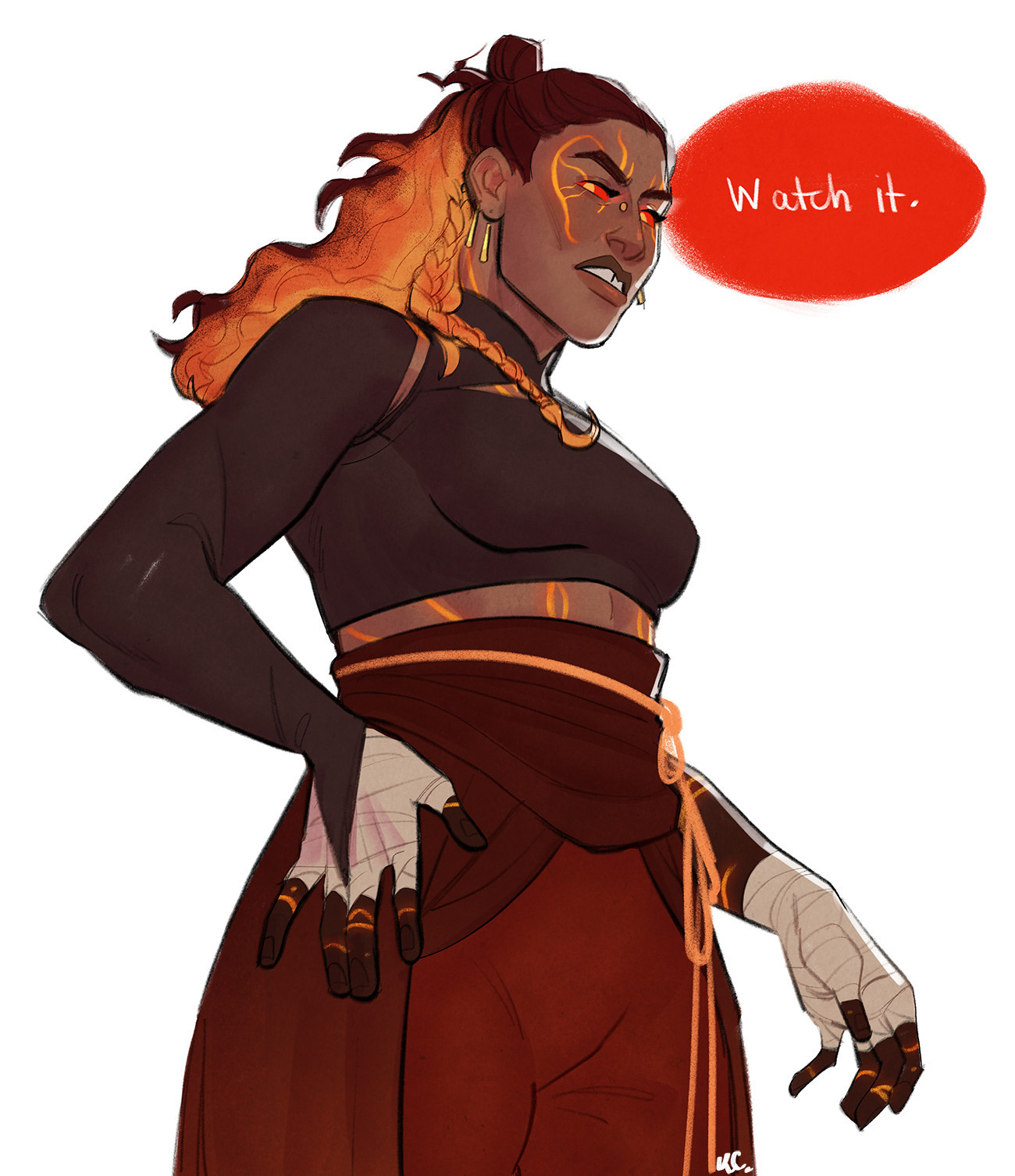 Digital art of a fire genasi/goliath woman glaring down at the viewer with a sneer. Next to her head a red speech bubble reads "Watch it." She has brown skin and dark, curly red hair half tied up and markings resembling magma.