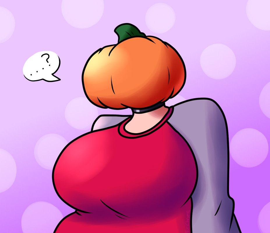 Illustration of Vixi's human form with her head replaced with a pumpkin. She has a slightly hunched posture, with a word bubble simply saying "...?"