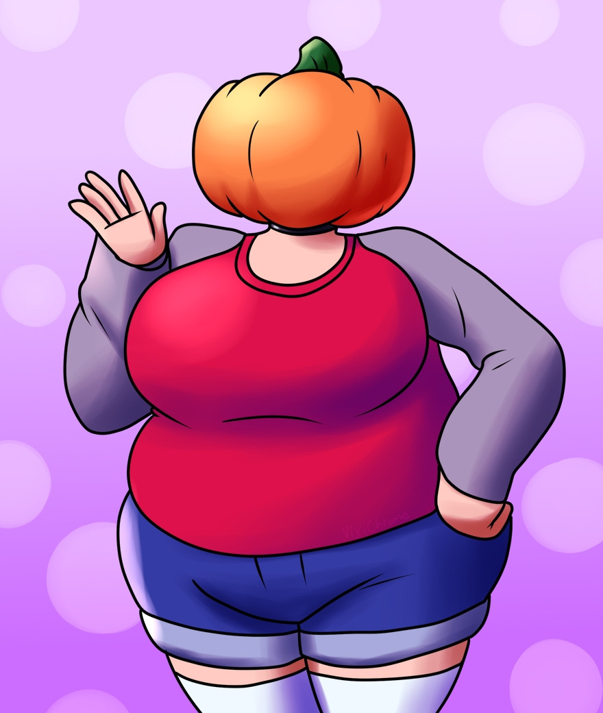 Illustration of Vixi's human form with her head replaced with a pumpkin. Here she is instead waving, with her other hand on her hip, seemingly unaware of her pumpkin-headed state.