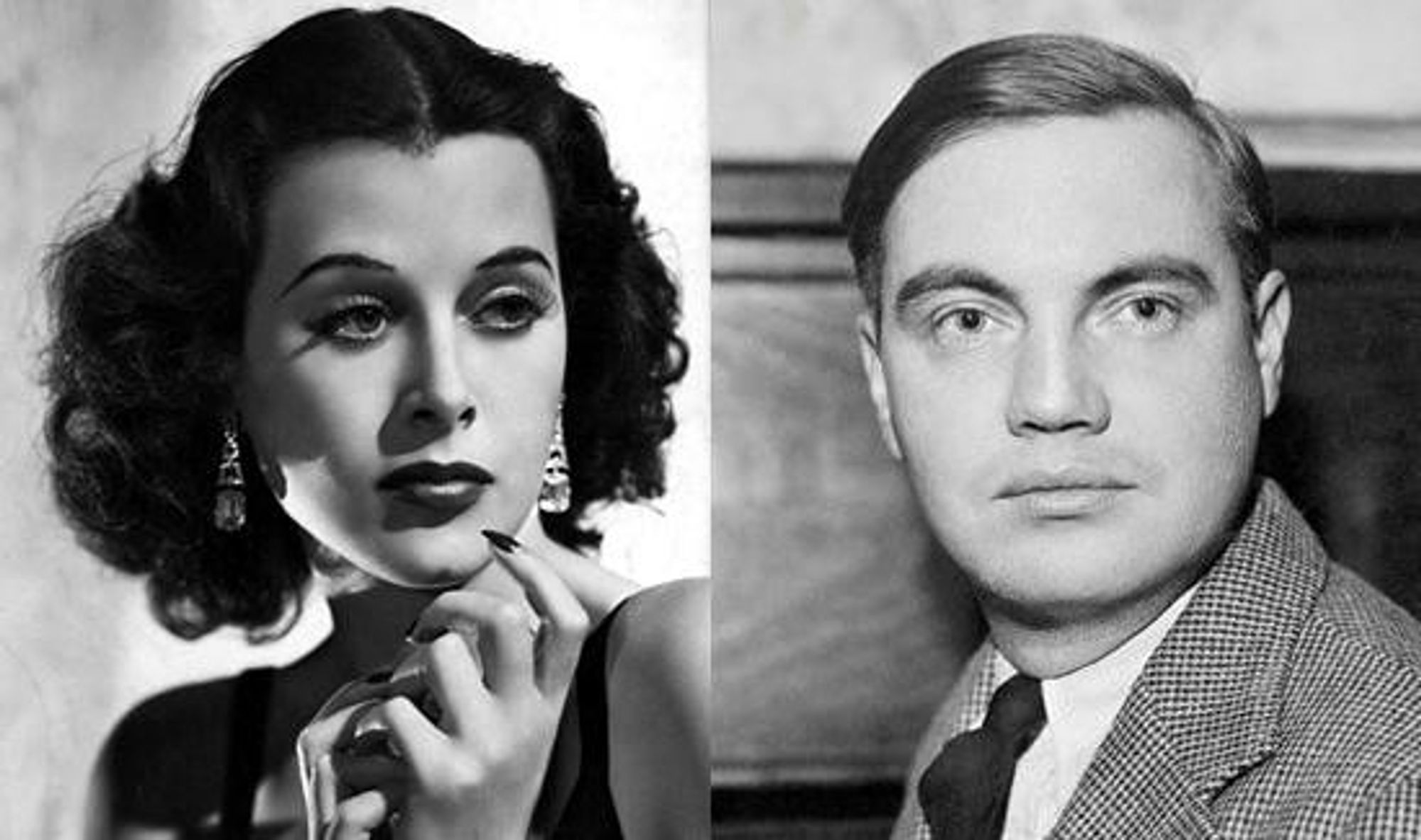 A imagem mostra Hedy Lamarr à esquerda e George Antheil à direita. Hedy é retratada com cabelos ondulados escuros e batom escuro, usando brincos longos e com uma expressão contemplativa. George Antheil aparece com cabelo curto penteado de lado, vestindo um terno e gravata, com uma expressão séria e direta.