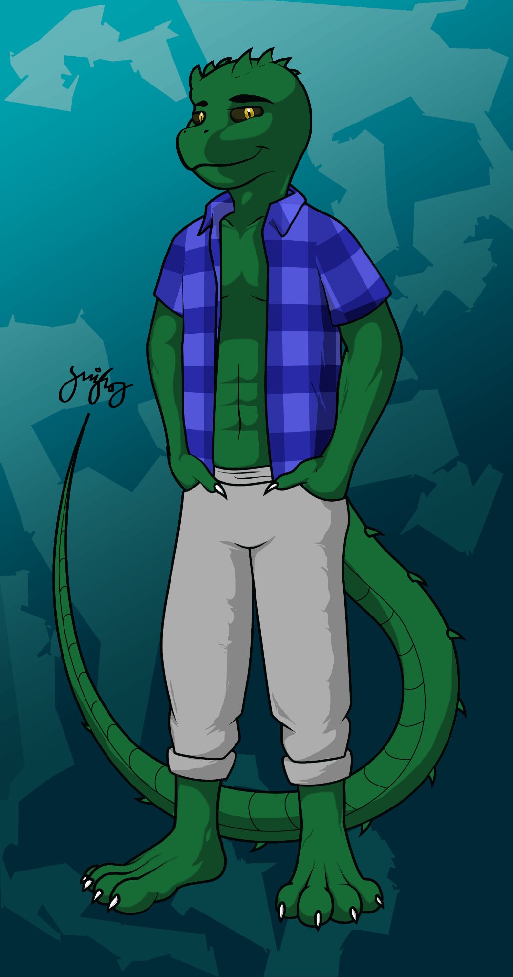 The image shows a green anthro lizard with yellow eyes and spikey head, wearing an open blue plaid shirt and loose gray pants, with his hands in his pockets. He looks at the viewer with a smirk in his face.