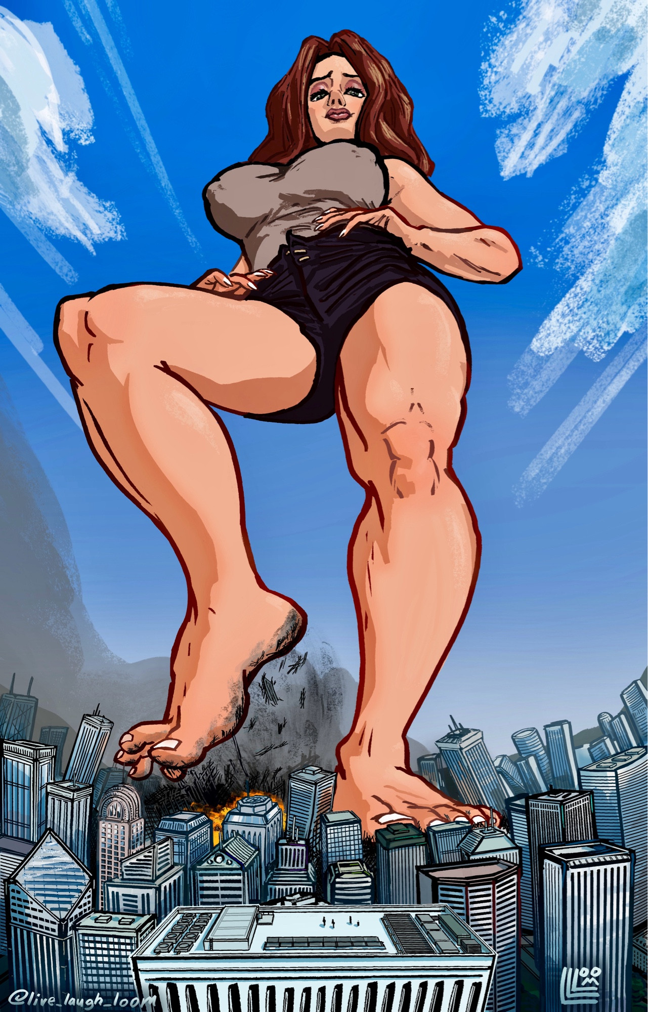 A colossal woman looms over a city. Clad in a tight tan top and dark shorts, she rests her hands on her hips and wears a haughty expression of contempt, her face framed by long coppery hair. She gazes down at the dozens of tiny skyscrapers and lifts one enormous bare foot, allowing the cascade of debris to tumble down from her sole. She is ready to step forward again.