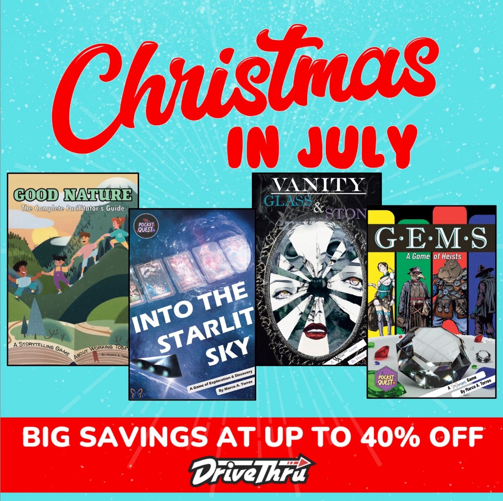 Christmas in July sale banner, with images of four game books: Good Nature, Into the Starlit Sky, Vanity Glass and Stone, and Gems.