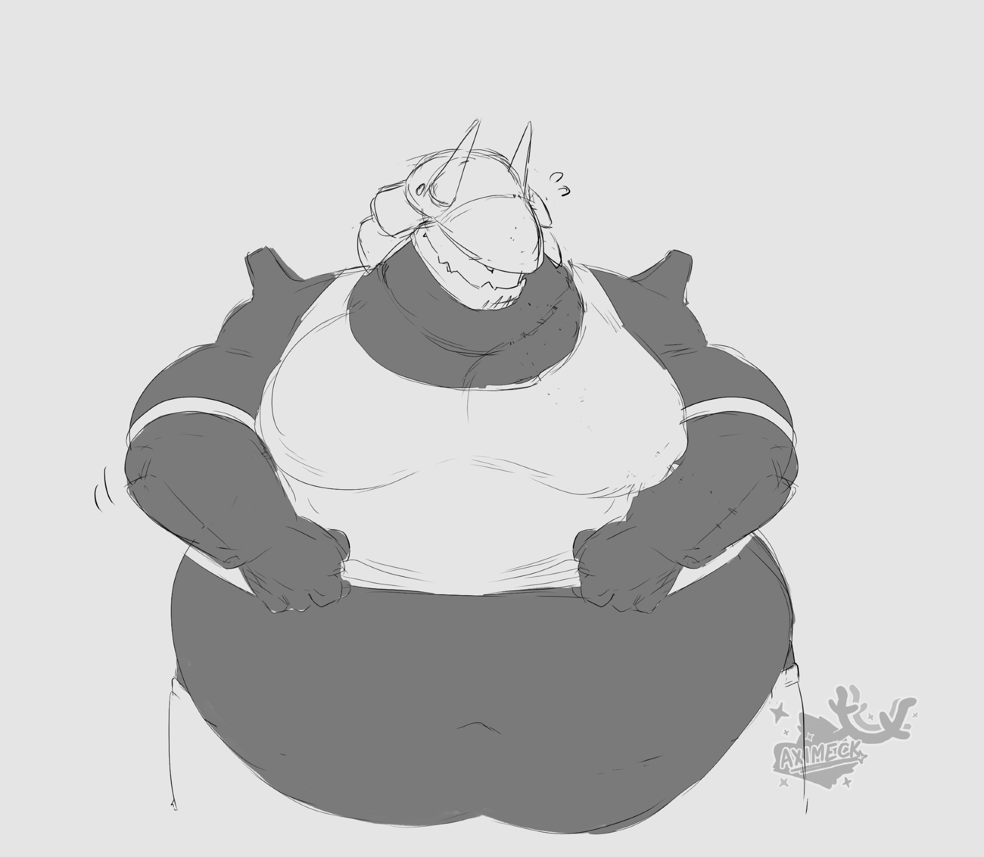 A fat aggron anthro struggling to lift his shirt