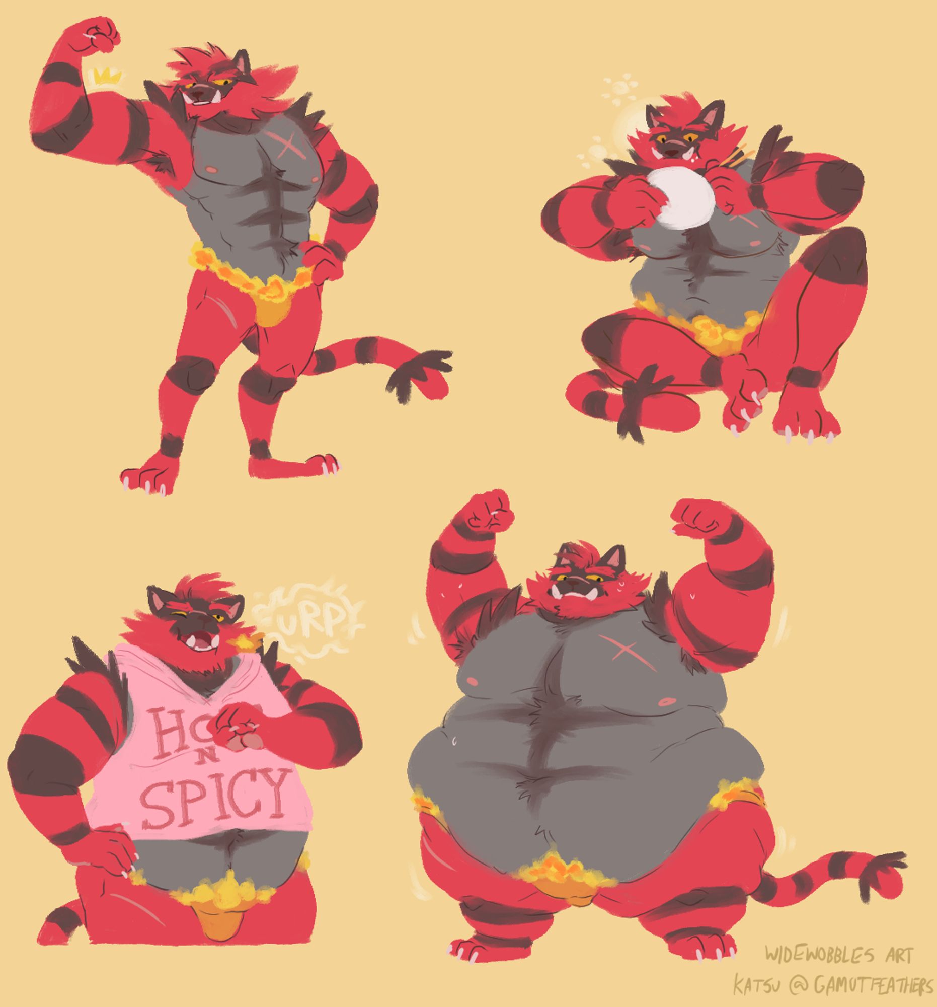 An anthro Incineroar in various poses and sizes, flexing and eating. Character from Gamutfeathers