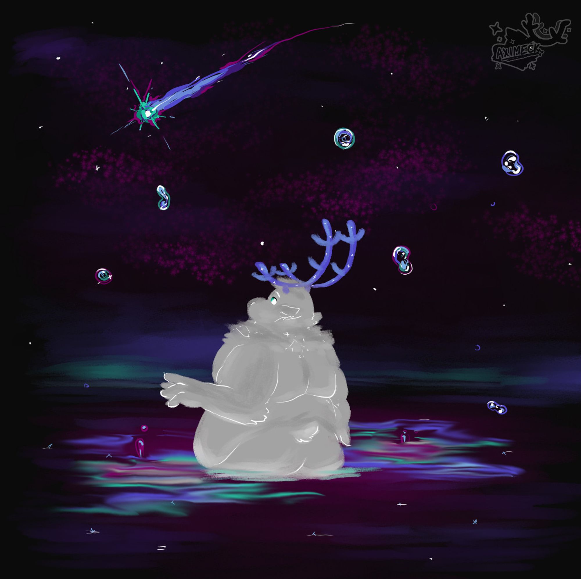 A heavyset anthro deer bathing in star water and watching a falling star