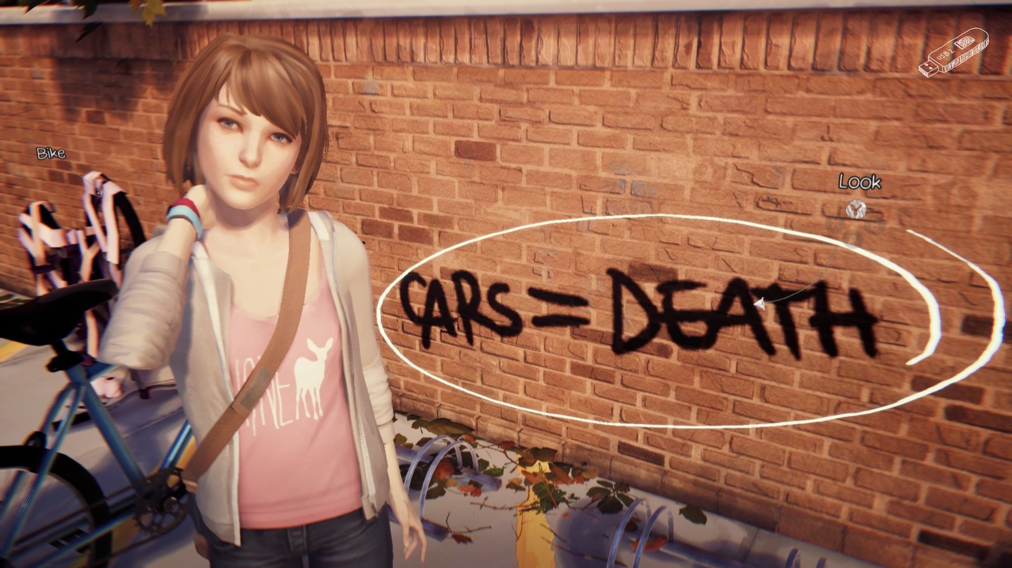 Cars = Death
Bikes appearing in the background. 
From Life Is Strange Remastered.