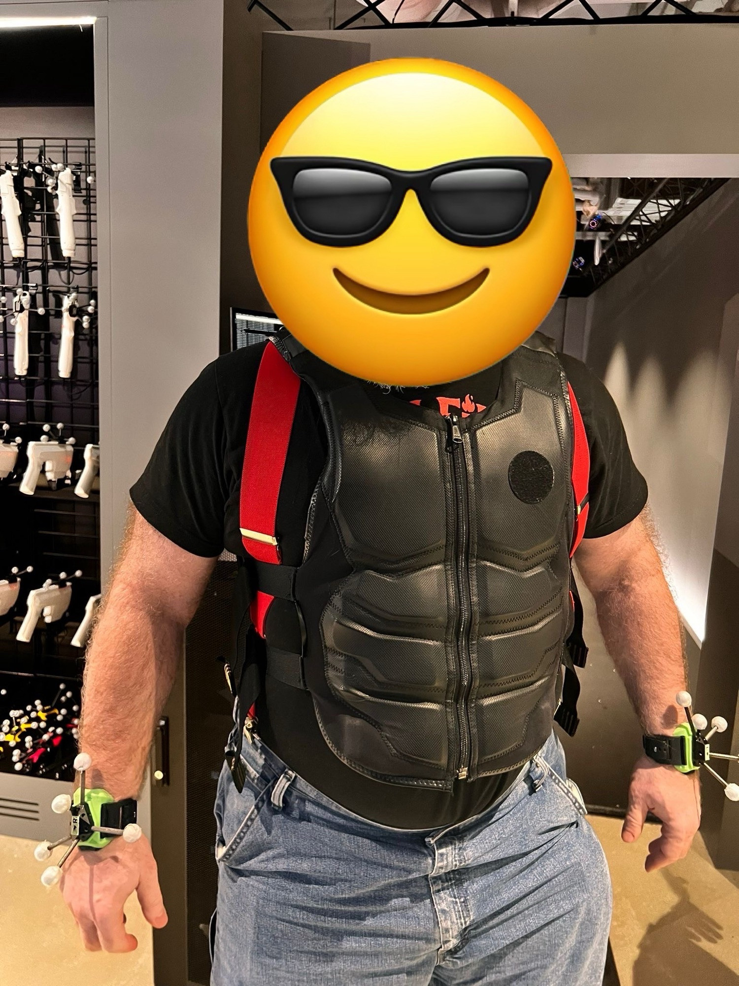 Wearing a haptic vest in a VR experience.