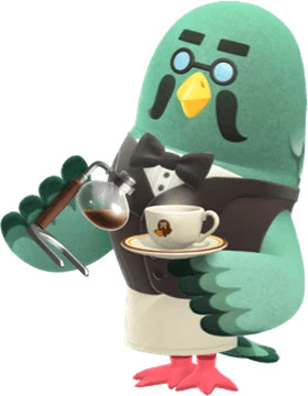 Brewster from animal crossing pouring a cup of coffee