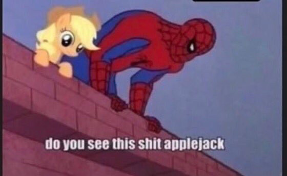 Applejack from My Little Pony and Spider-Man lean over the edge of a building roof looking down. Caption: do you see this shit applejack