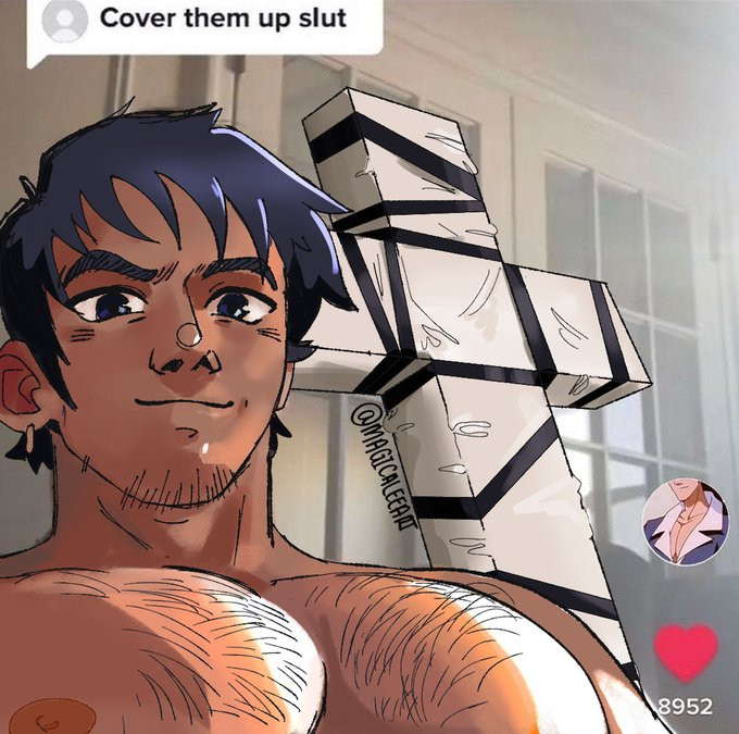 an illustration if wolfwood at an angle where his pecs are more prominate, in the format of a tiktok video & meme. a screenshot of a comment in the top of the image reads 'cover them up slut'